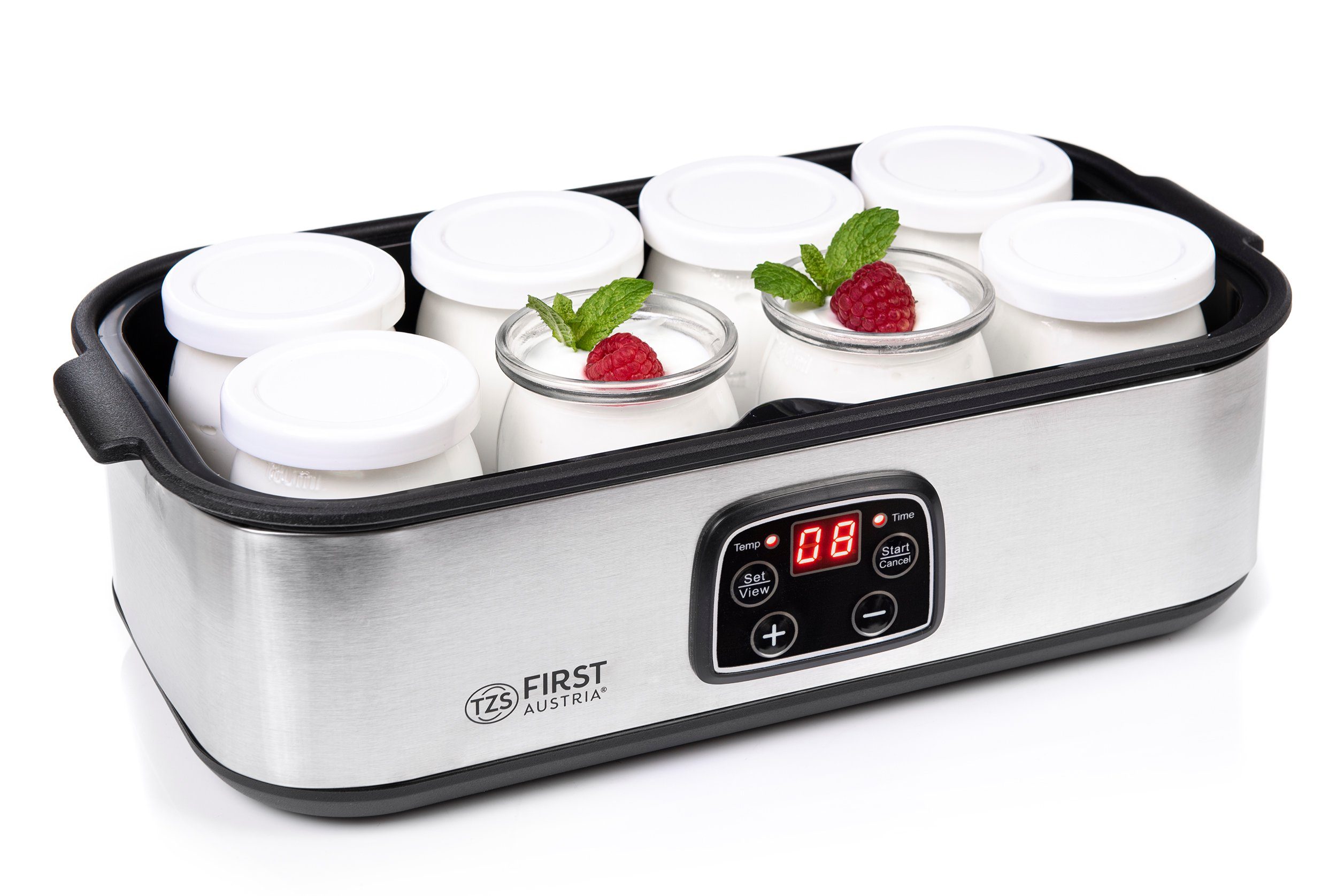 TZS FIRST AUSTRIA Joghurtbereiter Elektischer Joghurtbereiter, Joghurt Maker, 30 W, 8 Gläser, 190 ml, LCD-Display, Temperatureinstellung, Timer- und Auto-Stop-Funktion