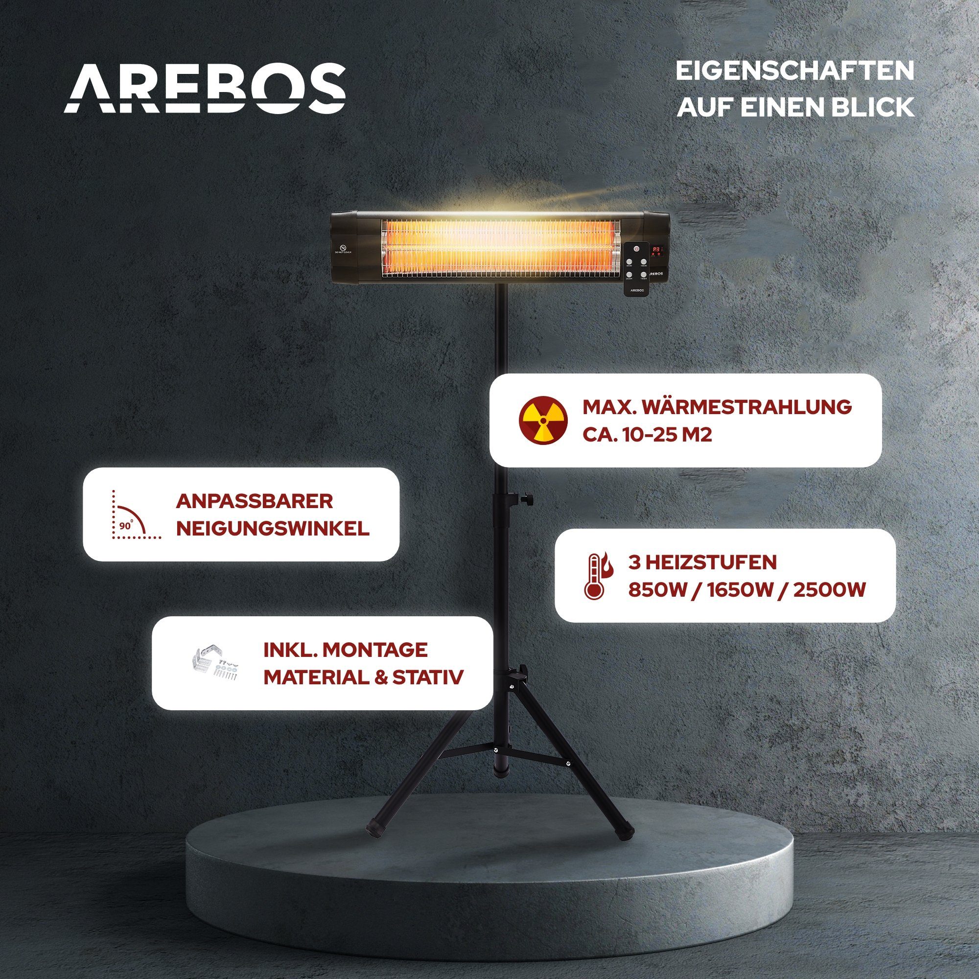 Arebos Heizstrahler Infrarot Heizstrahler 2500 W mit Fernbedienung, mit Stativ, IP20 Schutzklasse