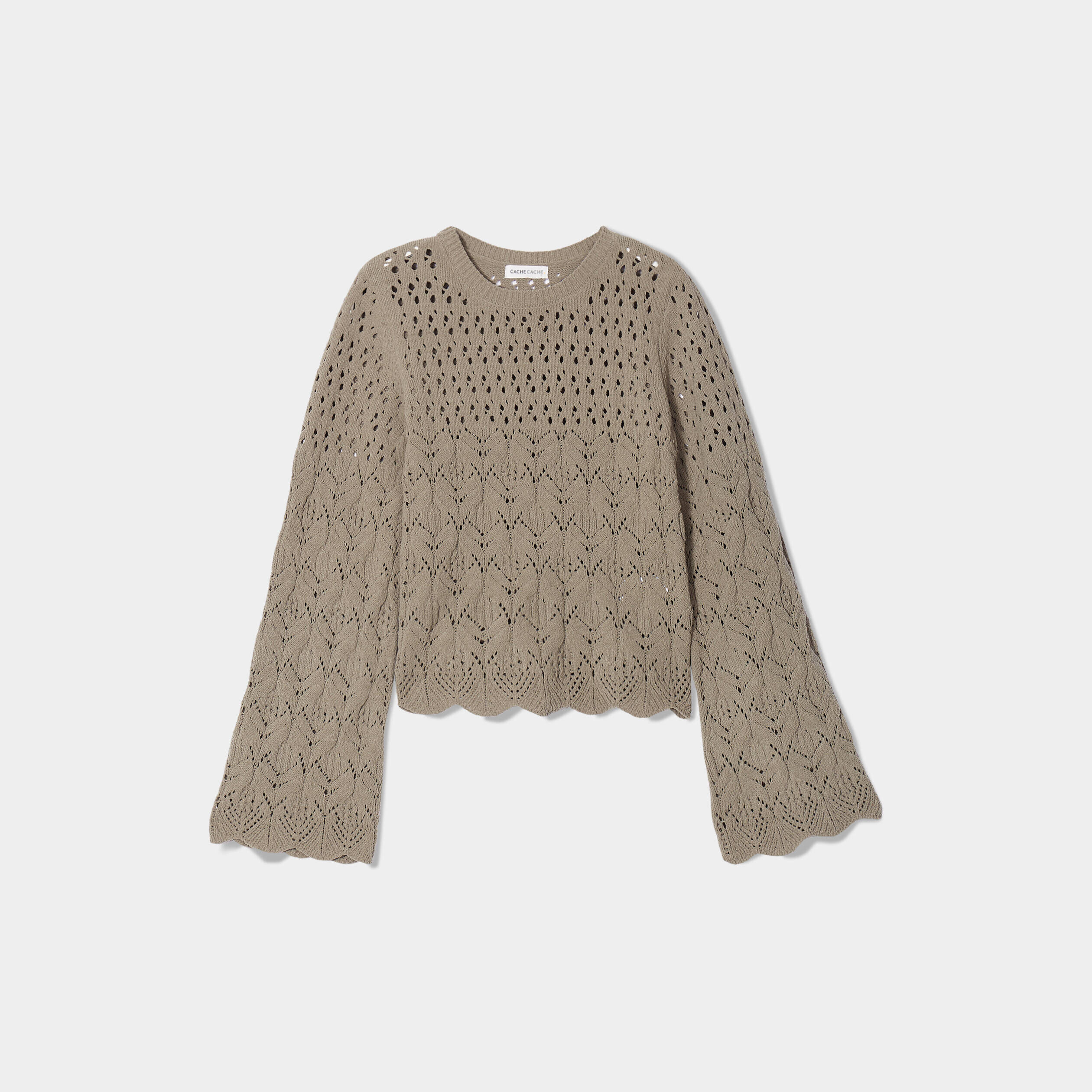 Pull ajouré avec bord festonné vert kaki femme | Cache Cache