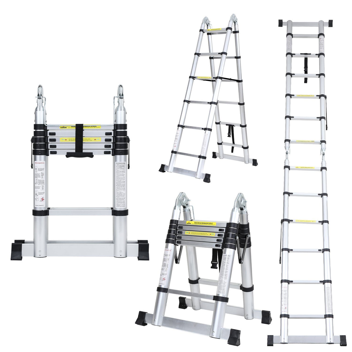 Yakimz Teleskopleiter Teleskopleiter Alu 1.9+1.9m mit Stabilisator Rädern Anlegeleiter