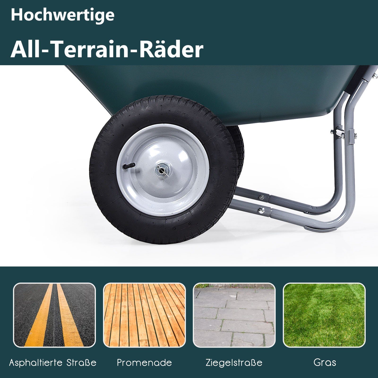 COSTWAY Schubkarre Schiebkarre, mit 2 Räder, 100kg Tragkraft