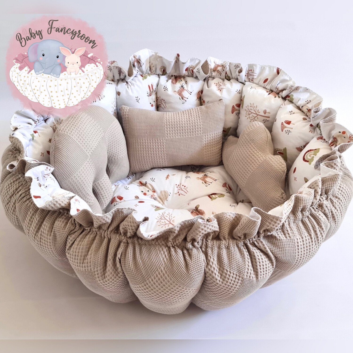 Baby Fancyroom Bettnestchen 2in1 Spielmatte Nestchen Babynestchen Babynest Kuschelnest, (4-tlg. Set mit 3 Motivkissen, dicke Spielmatte Krabbeldecke Spieldecke Kuschelnest), Handmade with Love