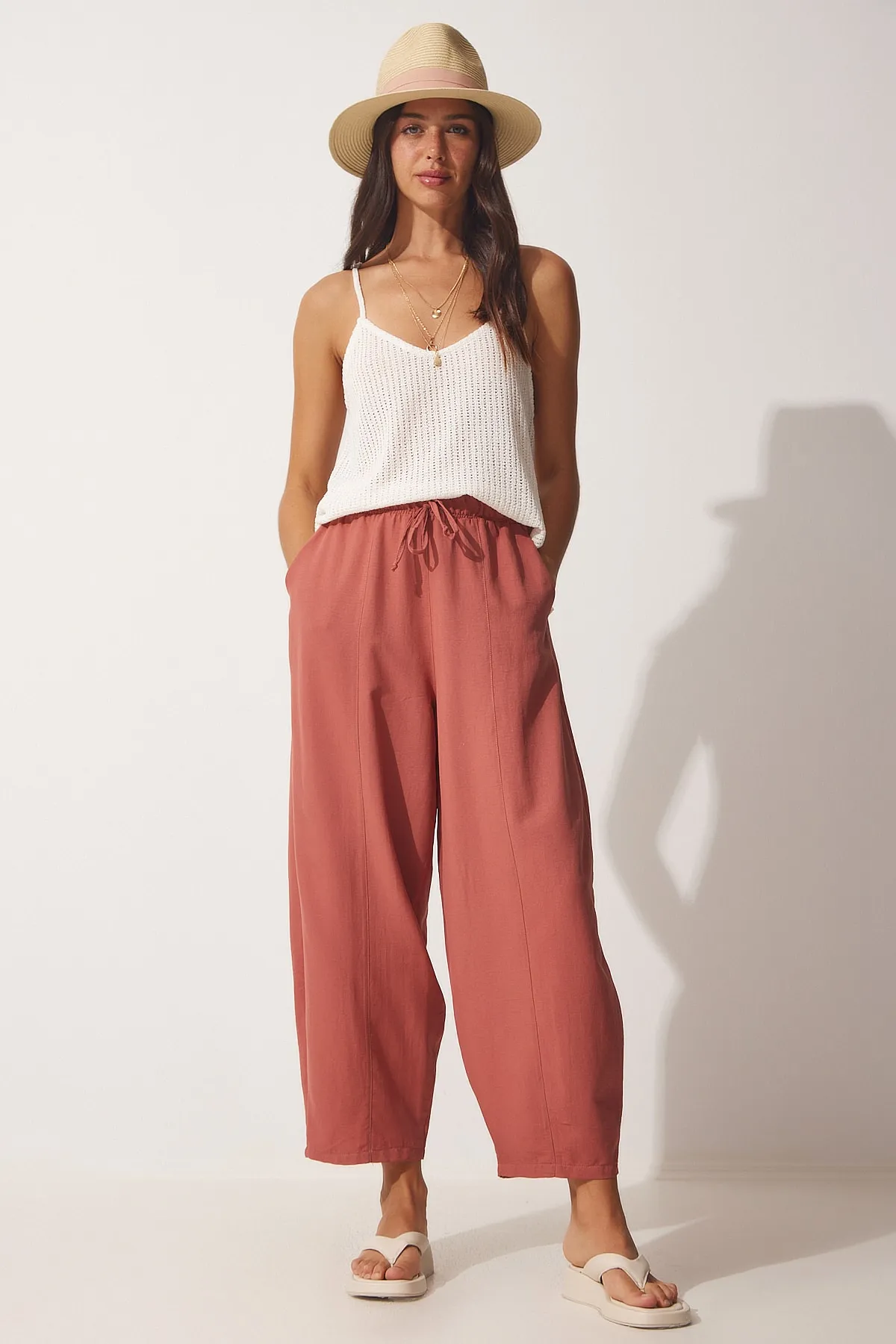 Happiness İstanbul  Dusty Rose Taschen-Shalwar-Hose aus Leinen-Viskose für Damen CV00001