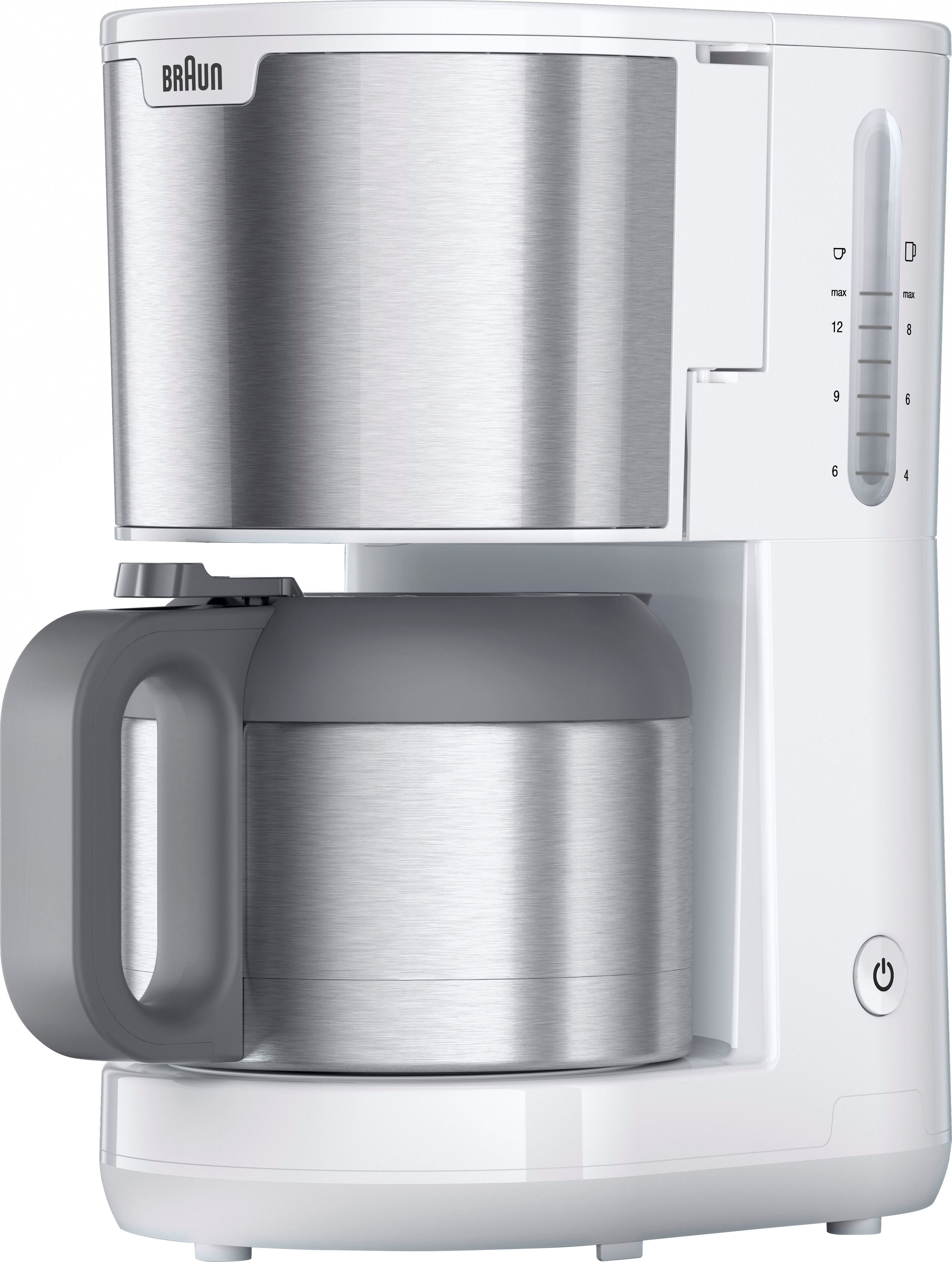 Braun Filterkaffeemaschine PurShine KF1505 WH mit Thermokanne, 1,2l Kaffeekanne, Papierfilter
