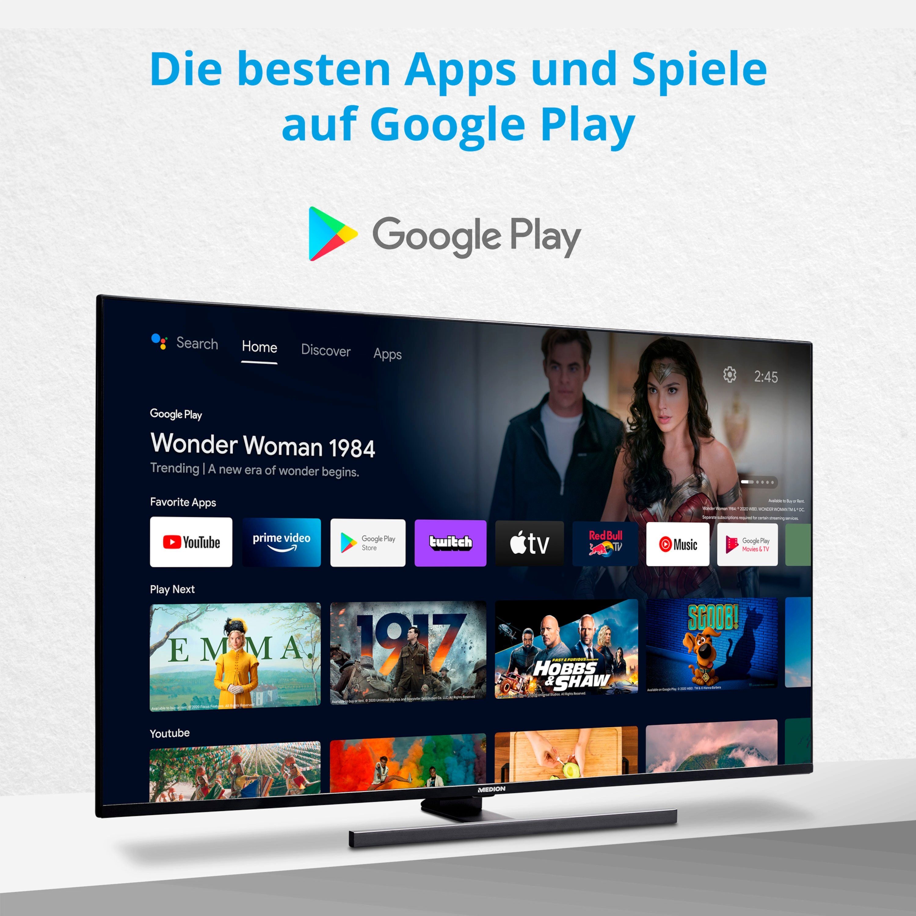 Medion® X14339 LED-Fernseher (108 cm/42.5 Zoll, 4K Ultra HD, Android TV, 60Hz, HDR, Dolby Atmos, Google Chromecast, MD30059)