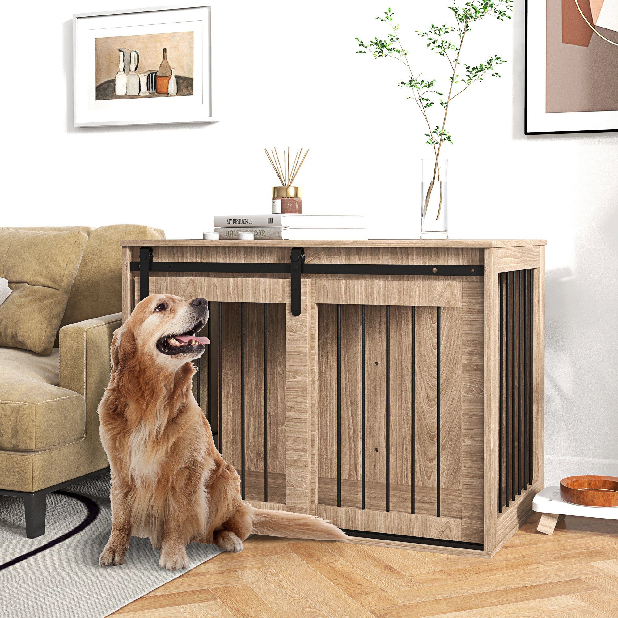 PawHut Hundehütte Hundekäfig Hundebox mit Schiebetür, Hundehaus mit Verriegelung, für große Hunde bis 30 kg, 98 x 58 x 67 cm, Walnuss