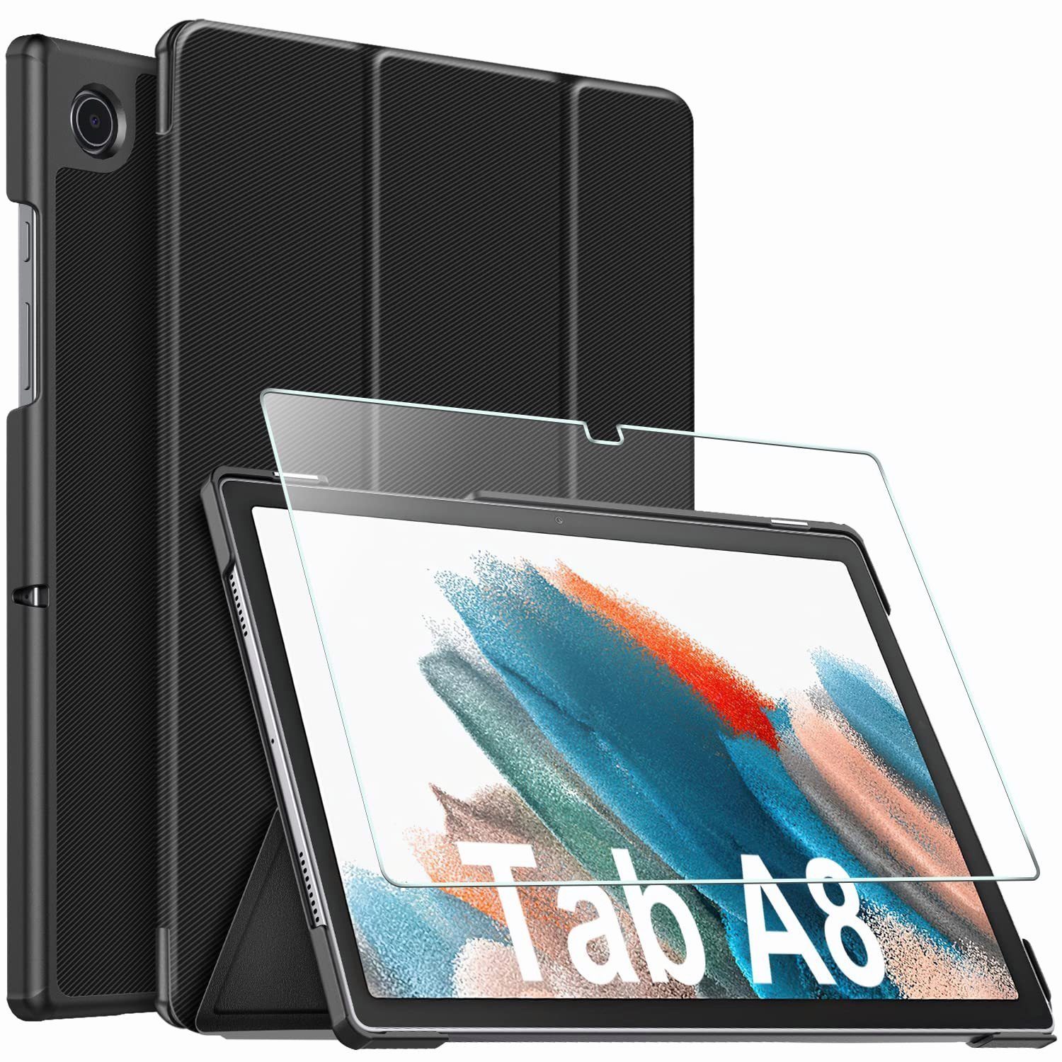 Mutoy Tablet-Hülle Hülle für Samsung Galaxy Tab A8 mit Schutzfolie 10,5 Zoll (SM-X200/205)2022, Hochwertiges Standfunktion,Modische Praktische Smart Auto Schlaf/Wach Funktion, Schutzhülle Panzerglas Kompatibel mit Samsung Galaxy Tab A8 2021