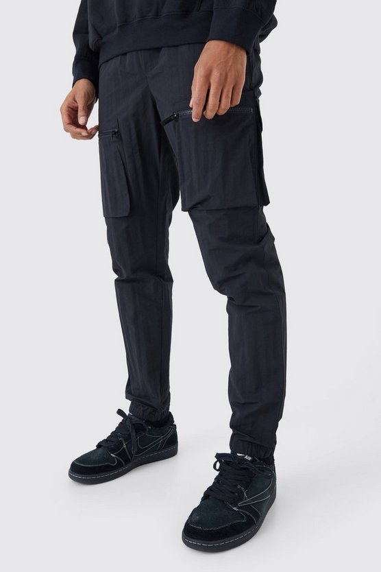 Slim-Fit Nylon Cargohose in Knitteroptik mit elastischem Bund