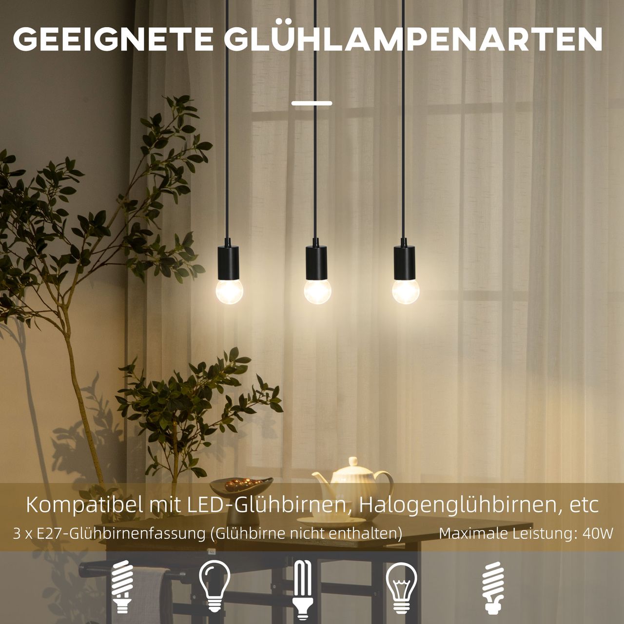 HOMCOM Pendelleuchte mit 3 Flammen Hängelampe höhenverstellbar für Küche Schwarz