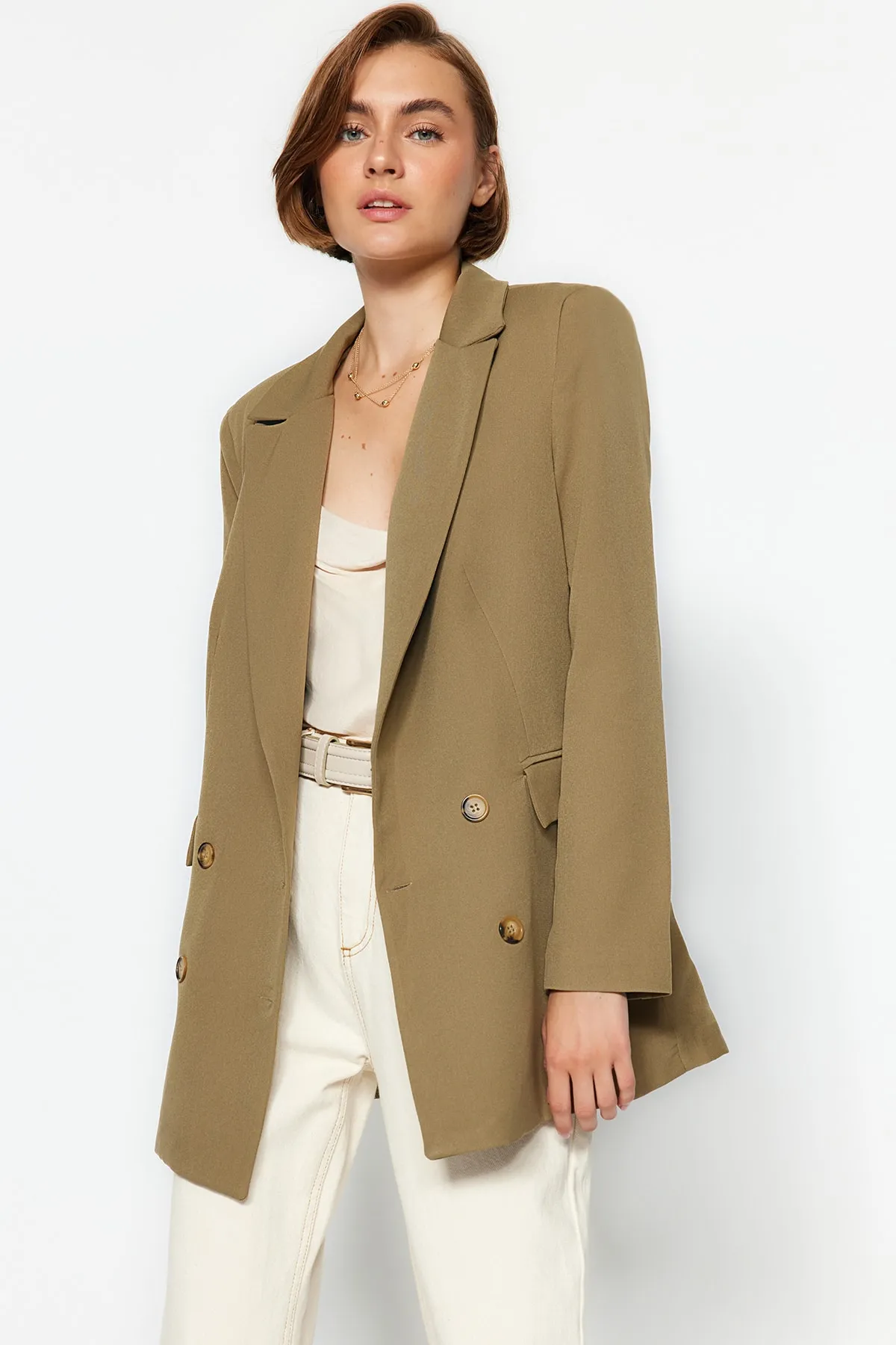 Trendyol Collection  Hellkhakifarbene, gefütterte, geknöpfte, gewebte Blazerjacke TWOAW22CE0167