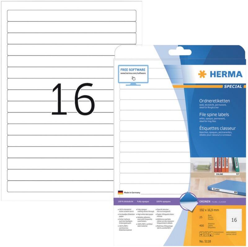 HERMA Ordneretiketten 5118 Weiß DIN A4 192 x 16,9 mm 25 Blatt à 16 Etiketten