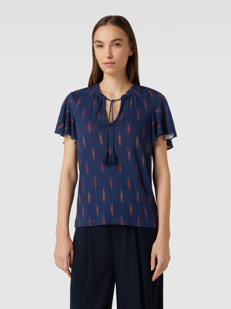 Bluse aus Leinen-Mix mit Allover-Muster Modell 'YOHANNIS' in marineblau