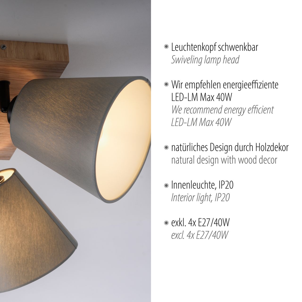 JUST LIGHT Deckenleuchte GREEN MICHEL, 4x E27/40Watt max., Holz-natur