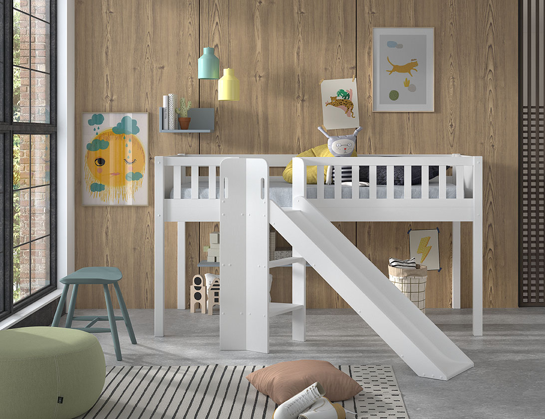 VIPACK Spielbett SCOTT, LF 90 x 200 cm, mit Rolllattenrost, Rutsche und Leiter, Ausf. Kiefer massiv weiß lackiert