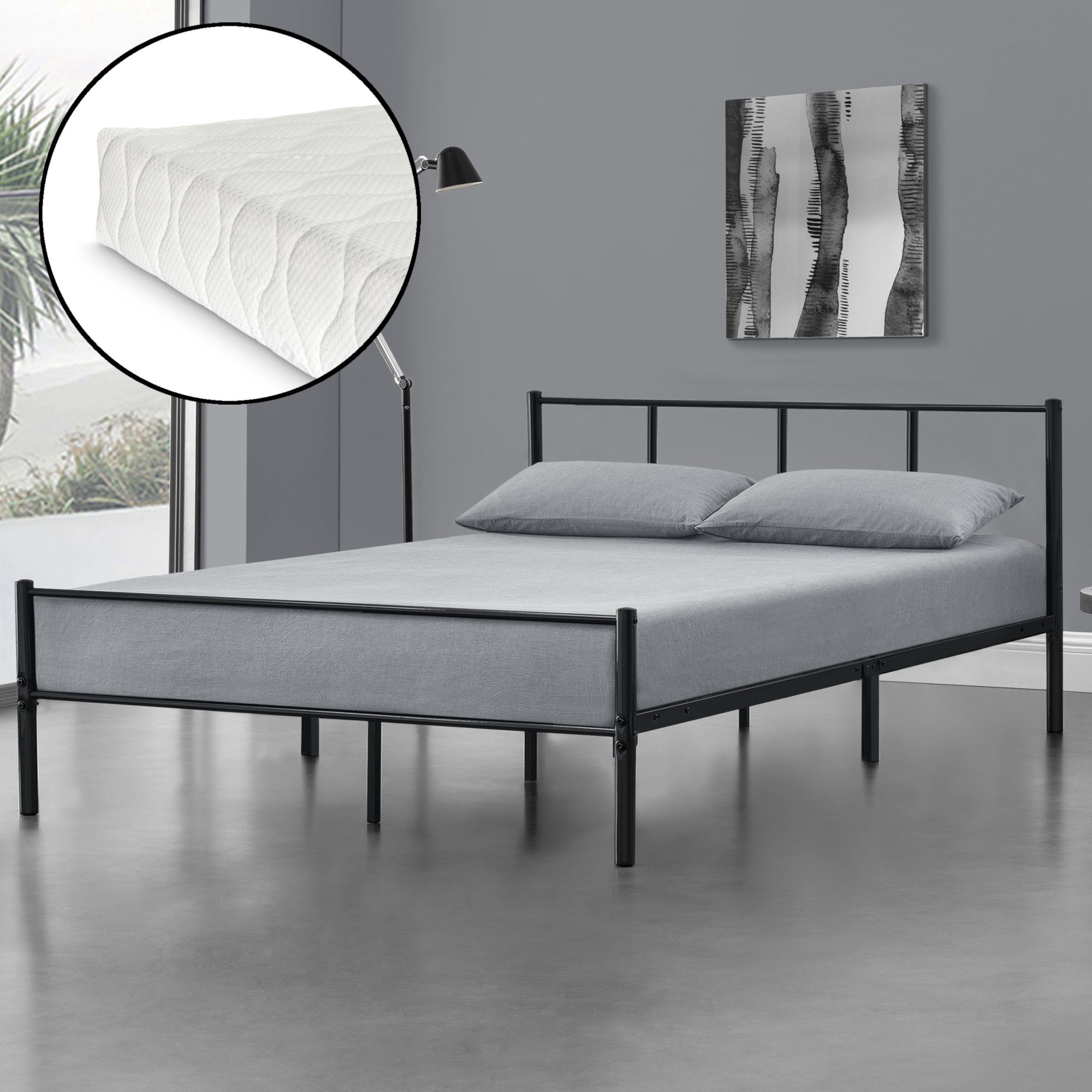 en.casa Metallbett, Laos Bettgestell mit Kaltschaummatratze und Lattenrost 160x200cm