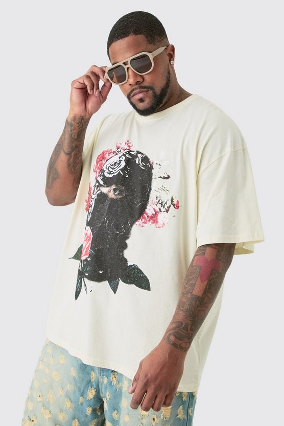 Plus Oversize T-Shirt mit floralem Balaclava-Print