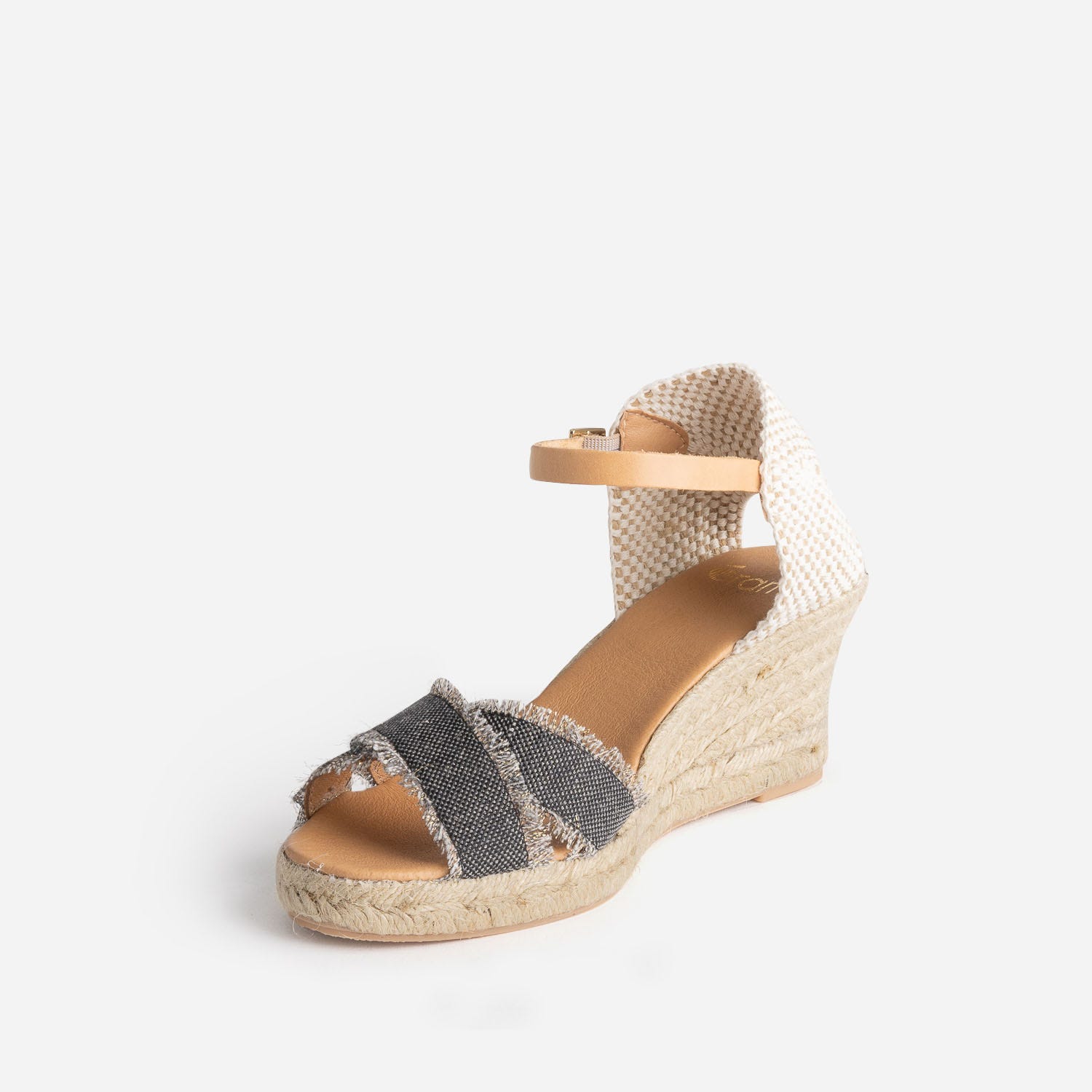 Sandale compensée beige pailleté doré en toile