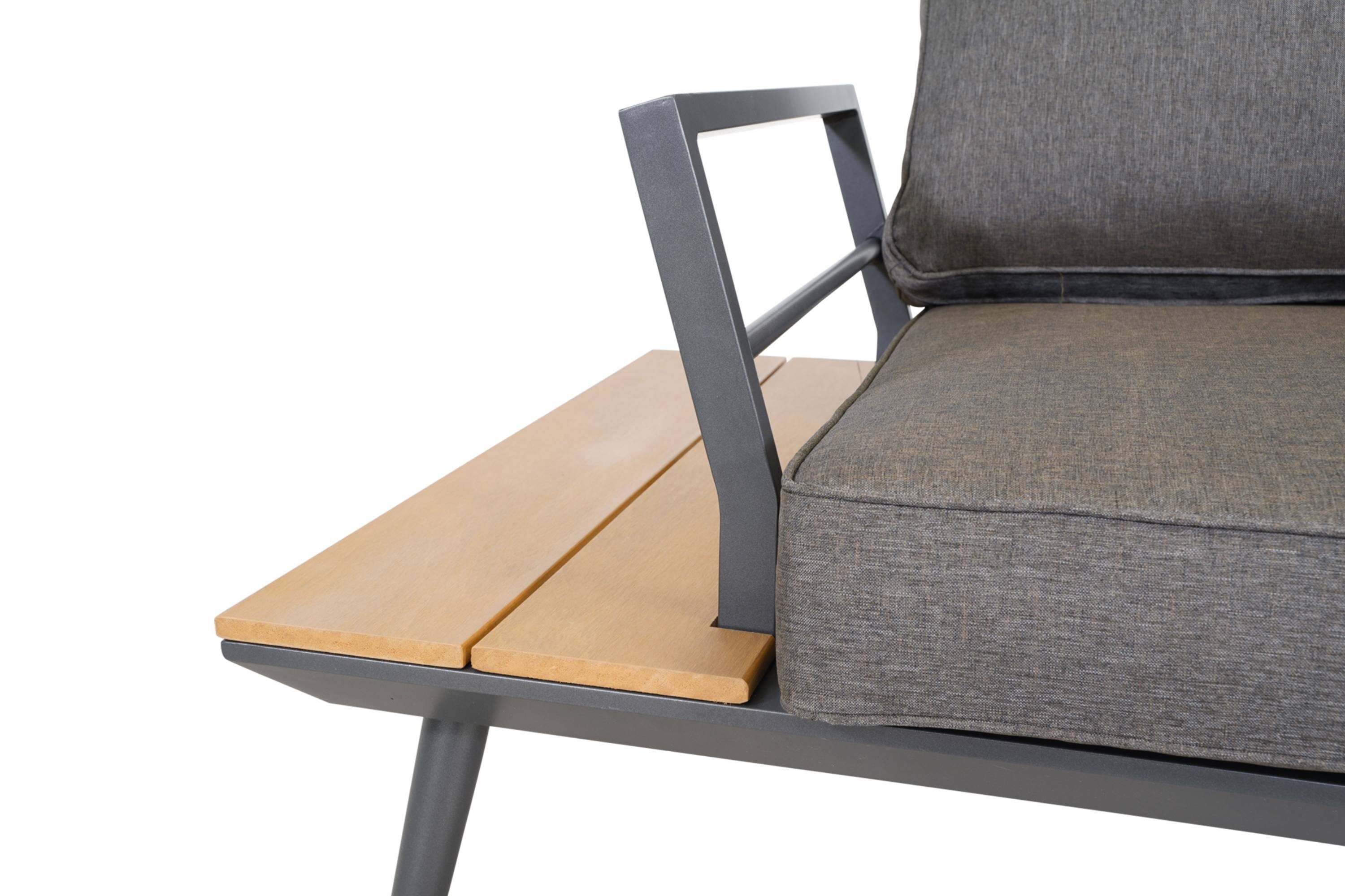 GMD Living Eckbankgruppe AREZZO, (Eckbank Essgruppe, 5-tlg., bestehend aus 2 Sofas, 1 Eckteil, 1 Tisch & 1 Bank inkl. Polsterkissen), Tischplatte im Teaklook, Wetterfest