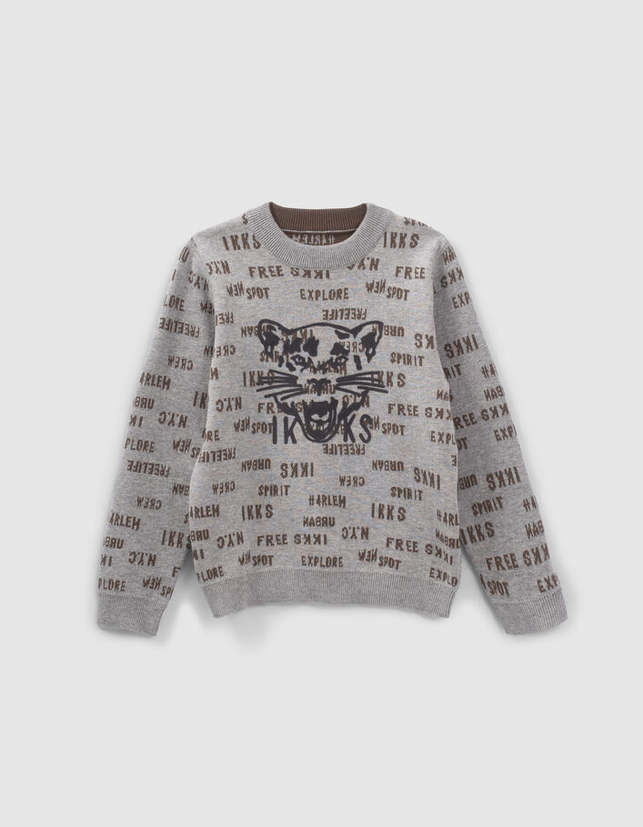 Pull réversible gris et kaki jacquard typo garçon