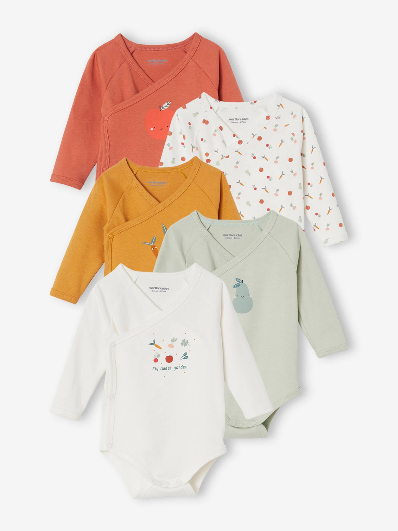 Lot de 5 bodies manches longues bébé ouverture naissance lot orange grisé