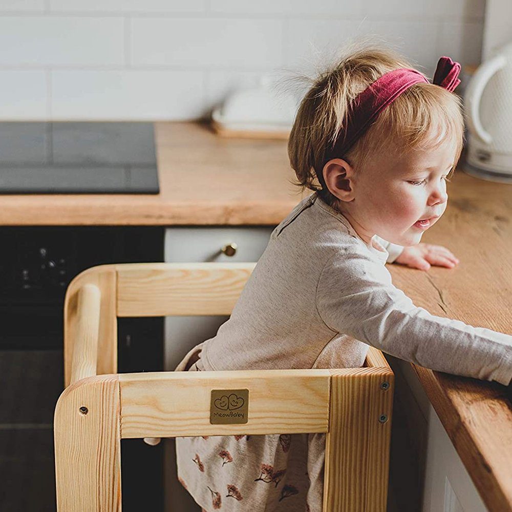 MeowBaby Stehhilfe Lernturm für Kinder Montessori Lernstuhl Natur (1 St), Kinderhocker, Höhenverstellbar, Abgerundete Ecken & Kanten