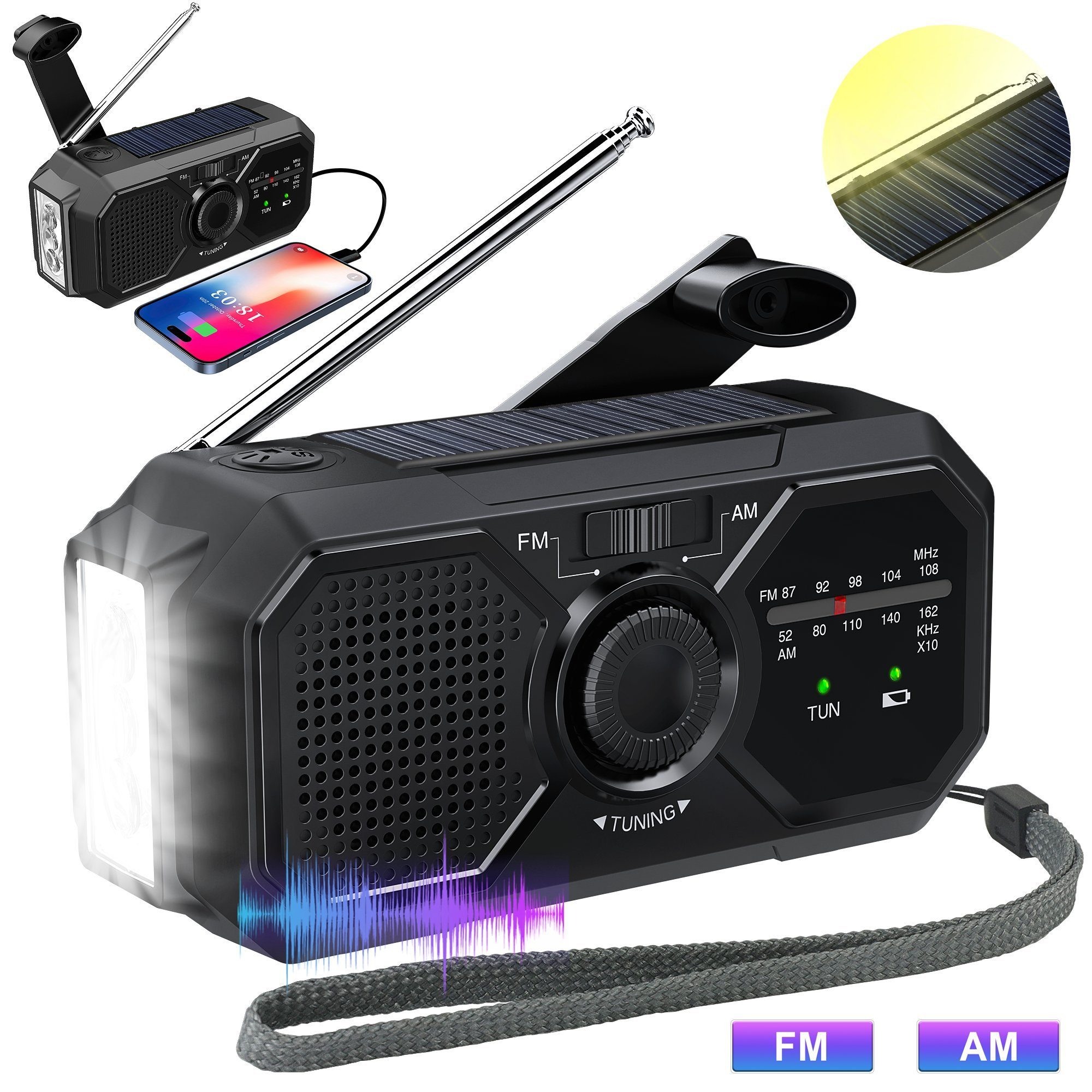 Tisoutec Solar Radio (AF/FM) mit Ladefunktion Kurbelradio und SOS Digitalradio (DAB) (Notstromversorgung, Handkurbel; sOS-Alarm FM-Tuner,UKW-Radio, Dockingstation (USB), Kurbelradio)