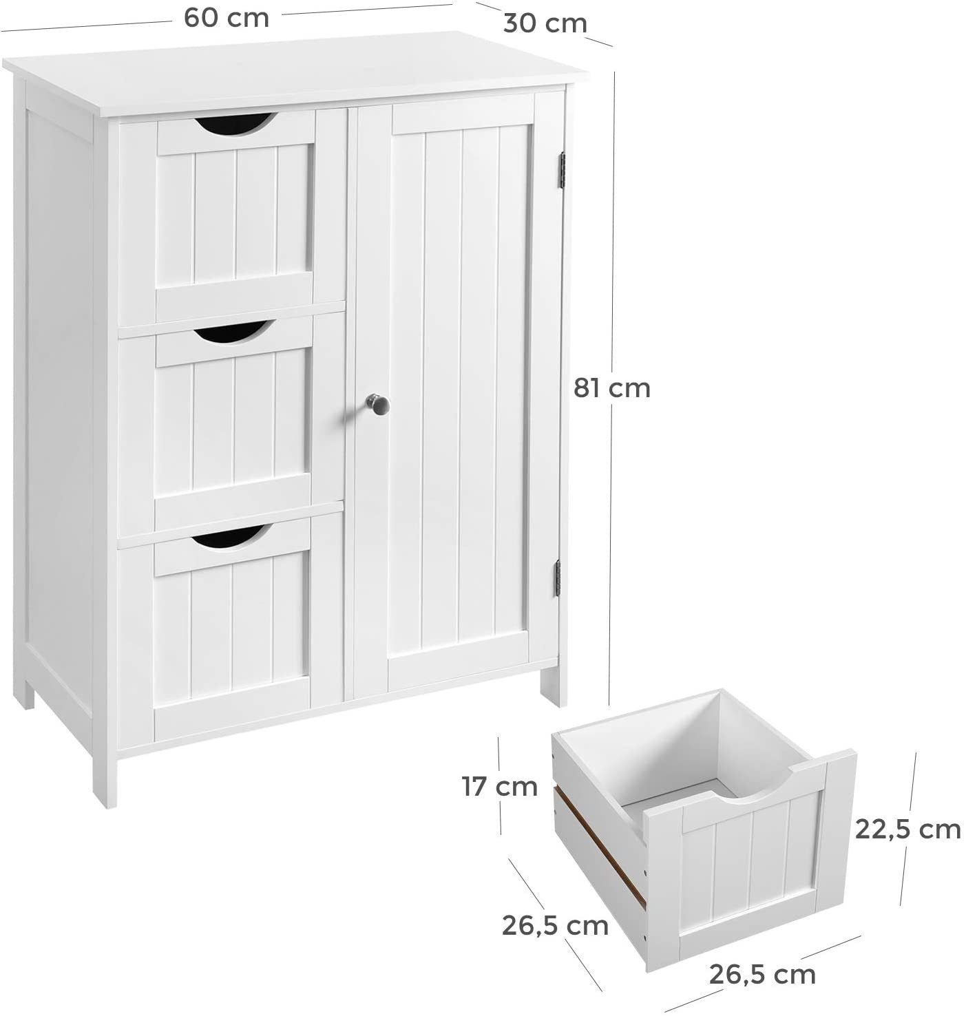VASAGLE Badkommode Badezimmerschrank, 60 x 30 x 81/80 cm, 3 Schubladen