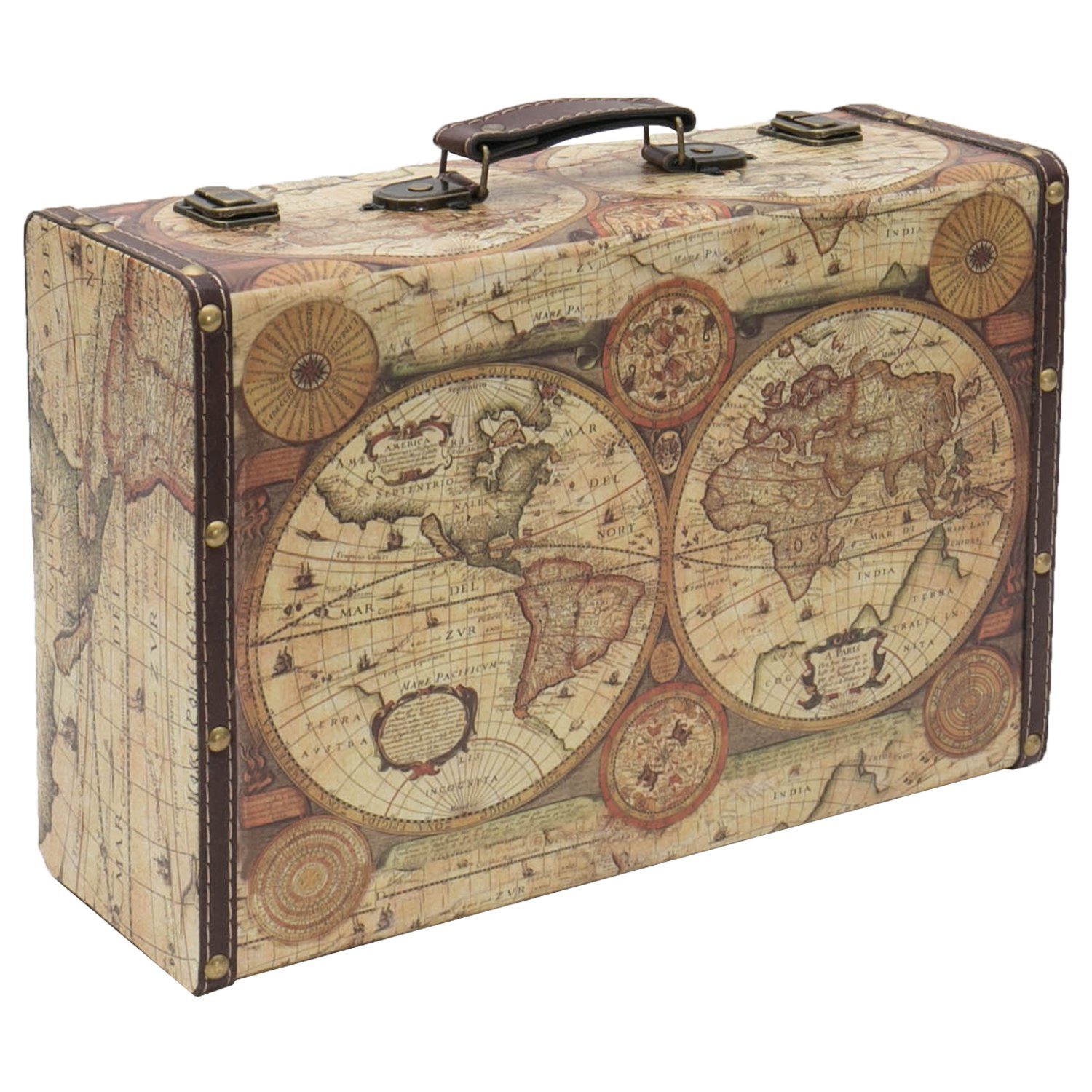 HMF Aufbewahrungsbox Vintage Koffer, Multifunktionskoffer (1 St), Handgefertigter Geschenkkoffer im Weltkarten Design, 38x26x13 cm