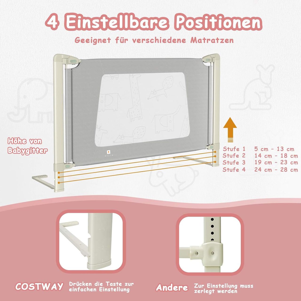 Costway 150/180/200 cm Bettgitter höhenverstellbar