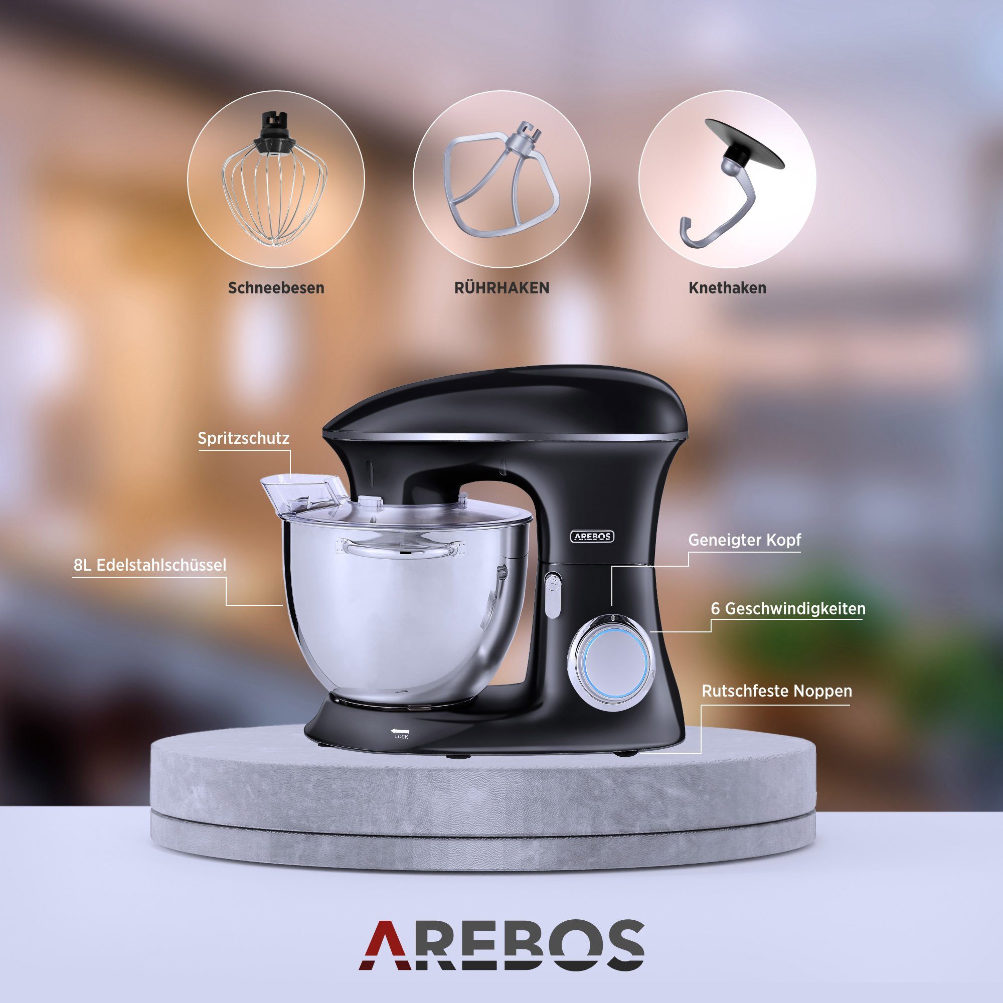 Arebos Küchenmaschine Edelstahl-Rührschüssel, 6 Geschwindigkeiten, 1500 W, 8,00 l Schüssel