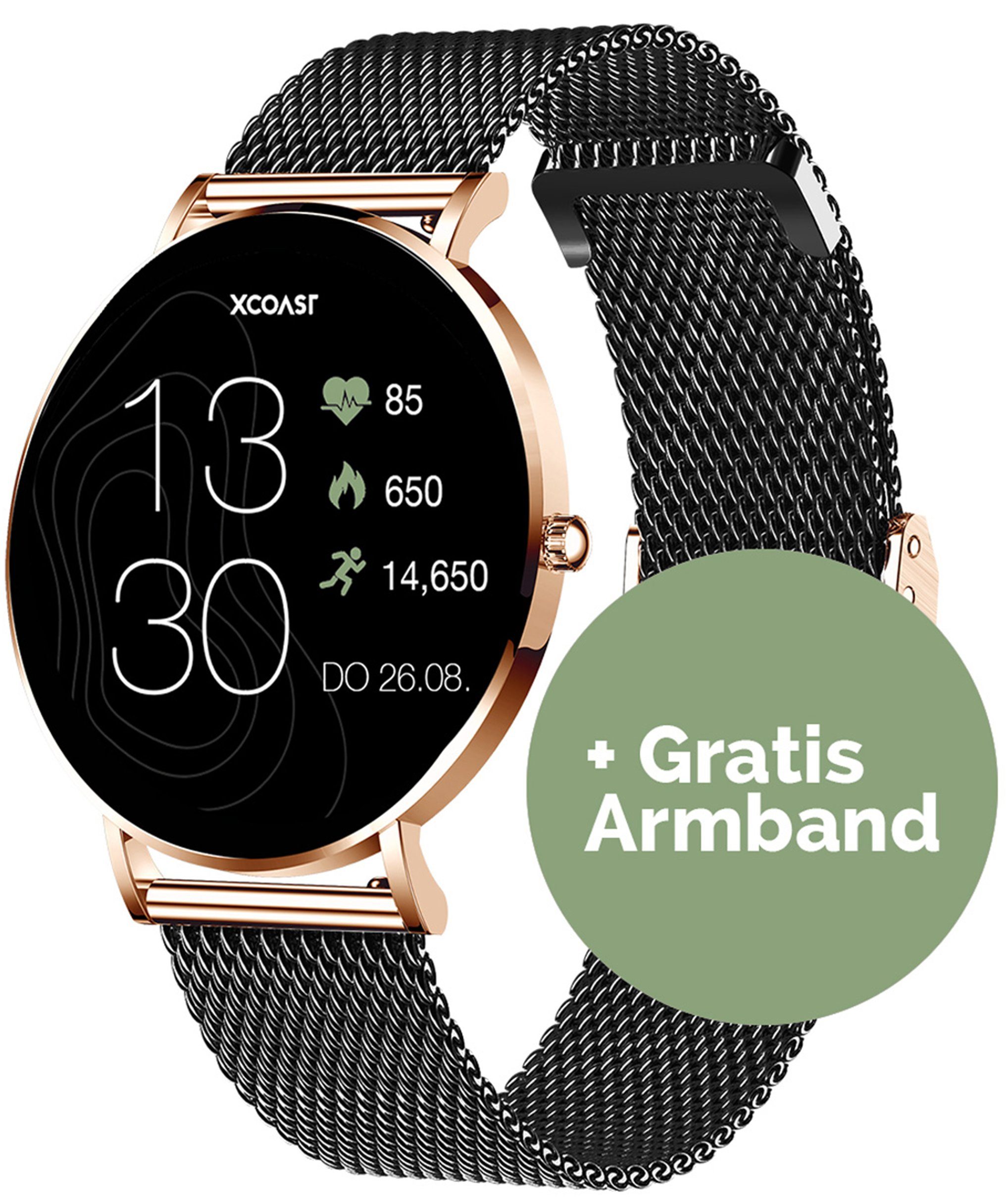 XCOAST SIONA 2 Damen Smartwatch (4,2 cm/1,3 Zoll, iOS und Android) Kostenloses Zusatzarmband enthalten / Gehäuse Rosegold (hell), 4-tlg., - 2in1 PROMOPACK (enthält 2 Mesh Armbänder: Schwarz und Rosegold) -, Wasserdicht/Flach/Puls/Blutdruck/Blutsauers