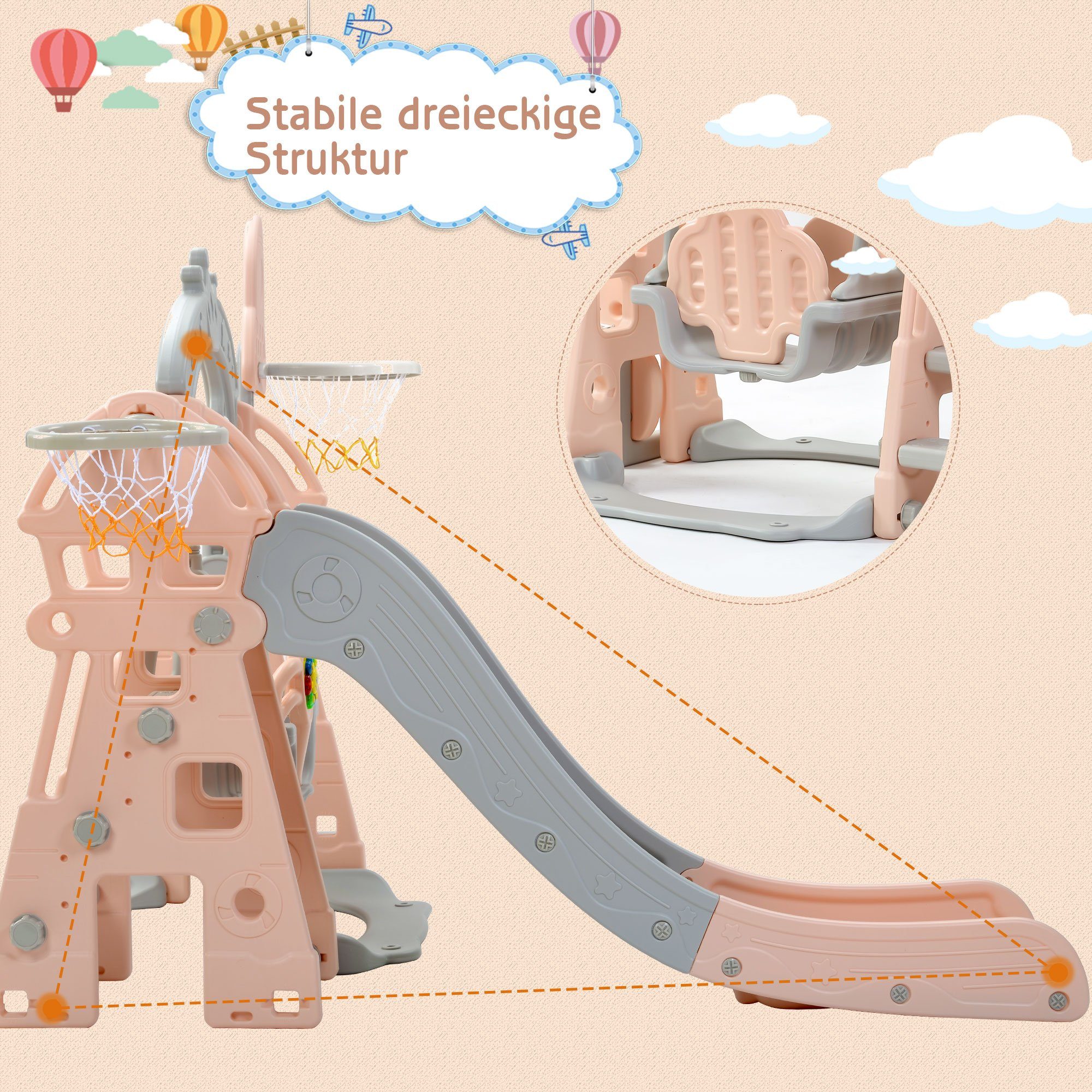 HAUSS SPLOE Indoor-Rutsche Rutsche 5-in-1 Kinderrutsche Rutsche & Kletterspielzeug, (Schaukel Rutsche Gartenrutsche + Basketballkorb Fußballtor Kletterturm), mit Rutschbahn für 2-8 Jahre Kinder Indoor & Outdoor