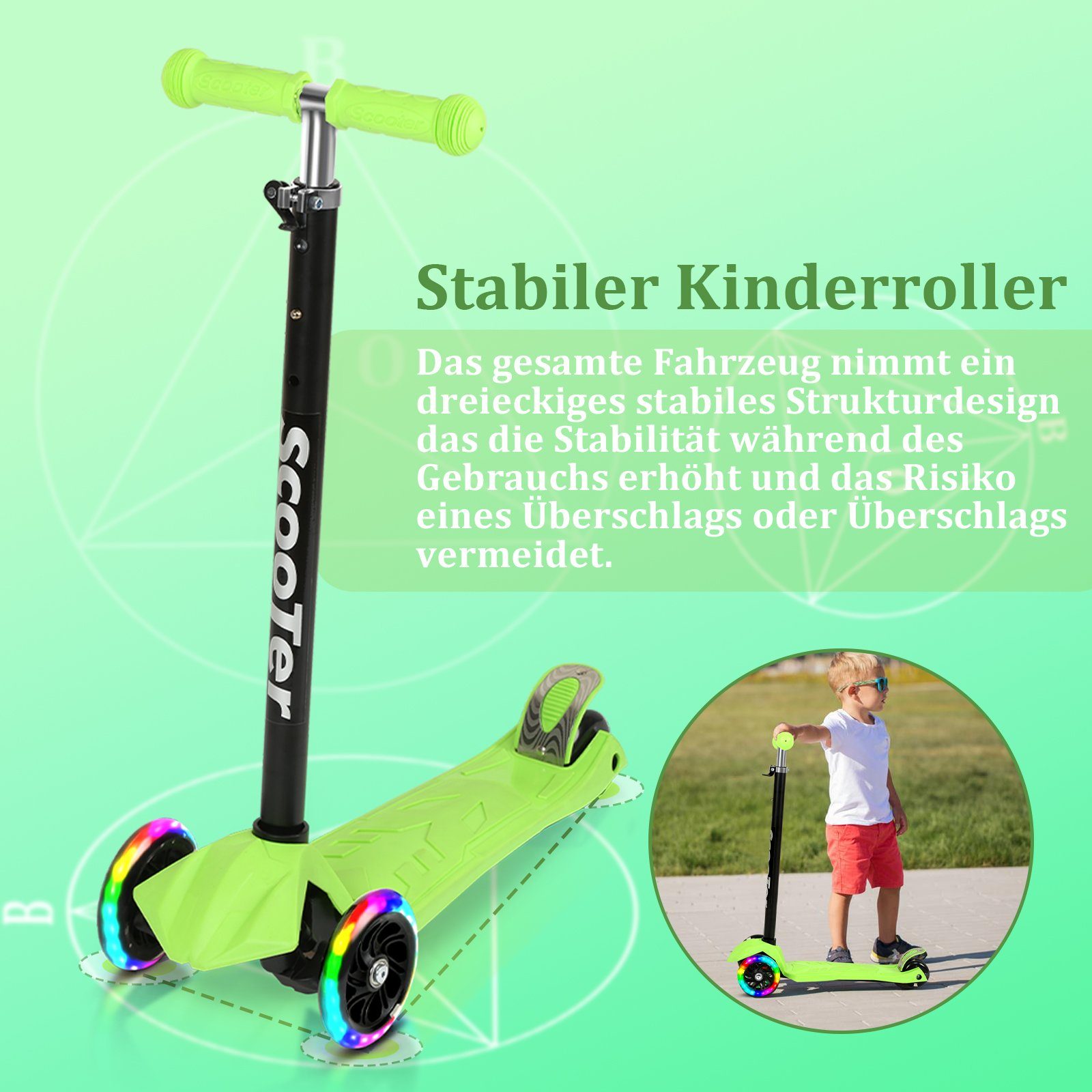 Clanmacy Scooter Kinderroller Tretroller Cityroller LED Räder Höhenverstellbar Grün