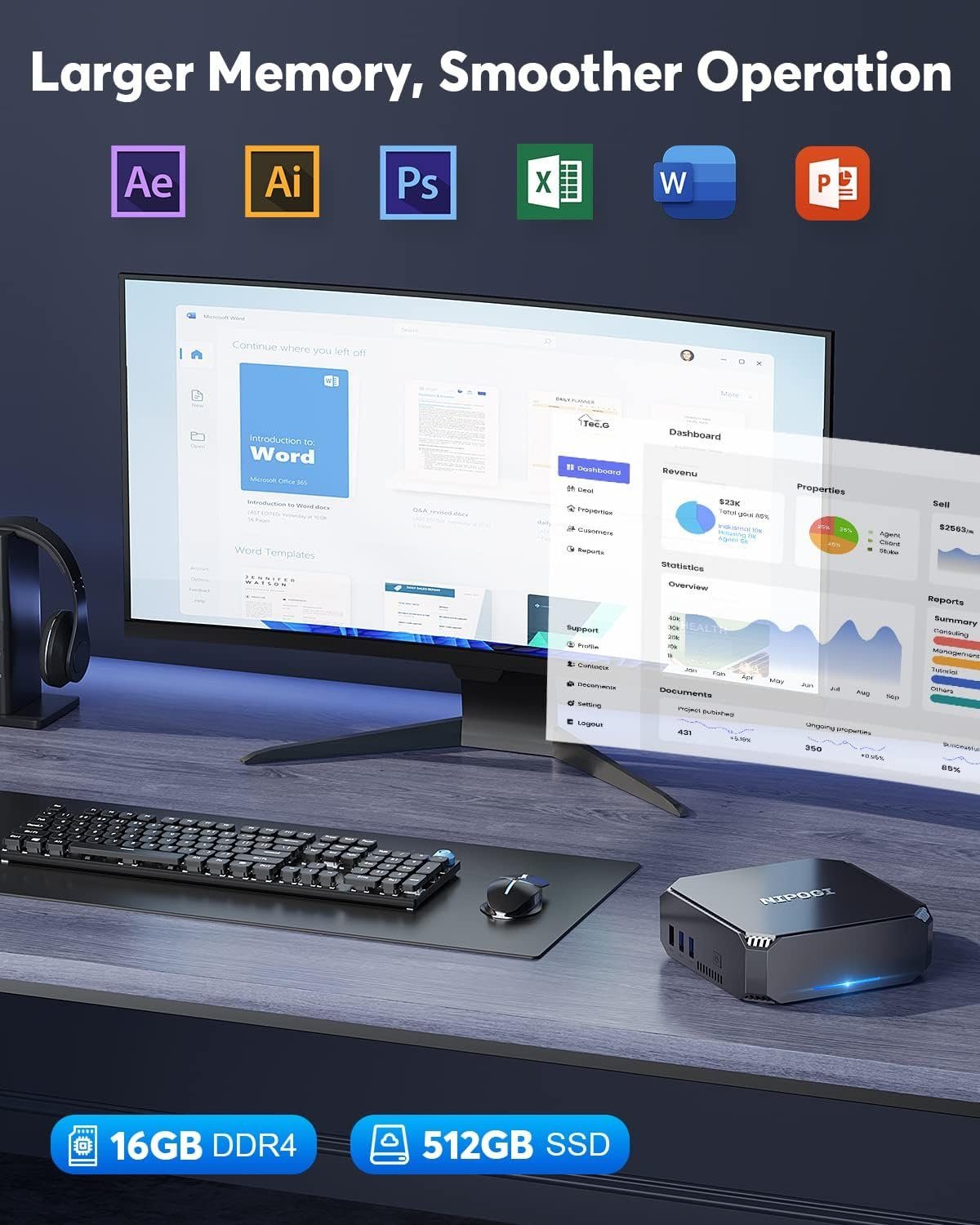 NiPoGi Mini-PC (Intel Lake-N100 ‎BGA 1023, ‎Intel UHD-Grafik 4K UHD Triple Display, 16 GB RAM, 512 GB SSD, Mikrocomputer Mini-Desktop Compute leiser Mini-PC klein kleiner PC)