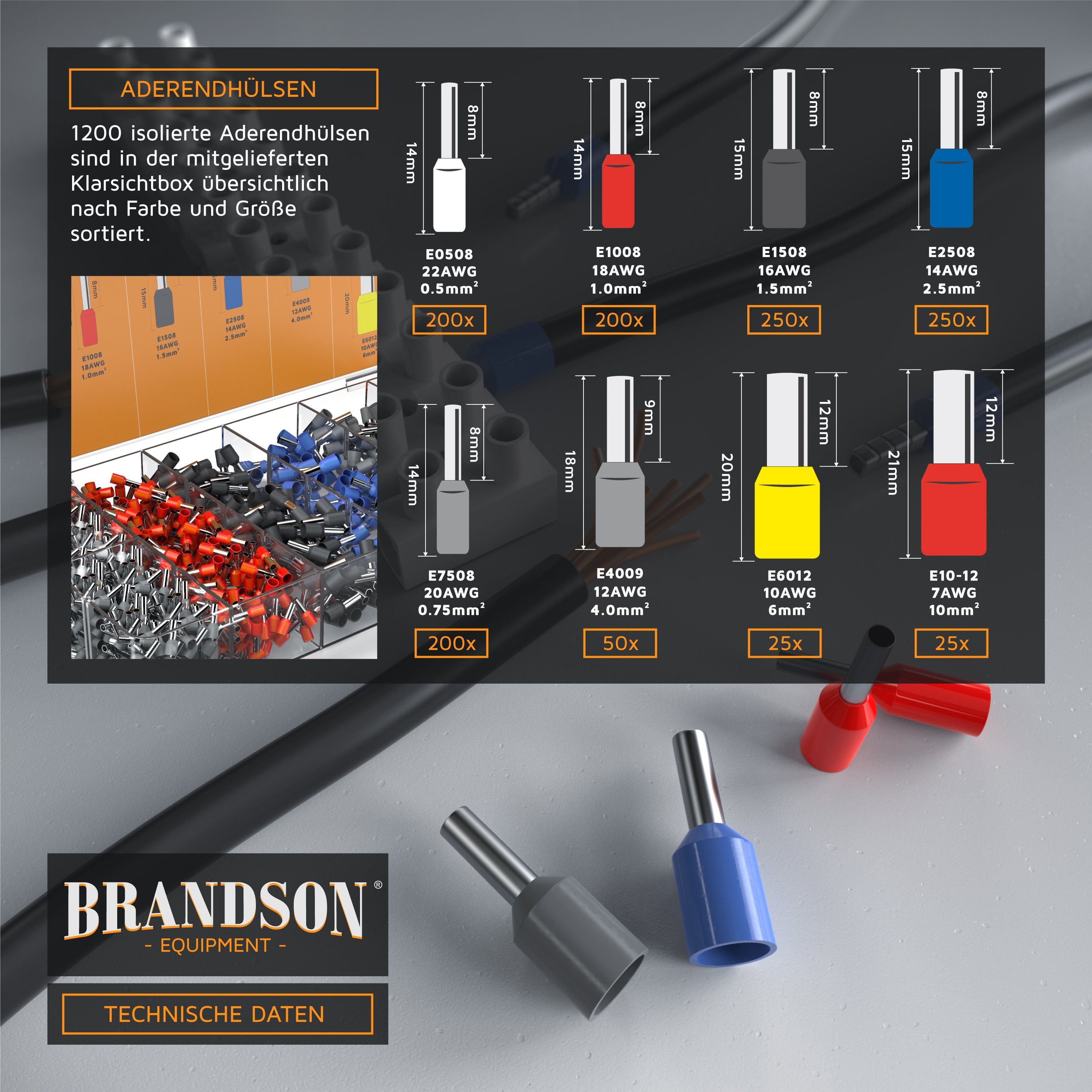 Brandson Abisolierzange, Crimpzange mit 1200 Aderendhülsen, Aderendhülsenzange 0,25mm² – 10mm²