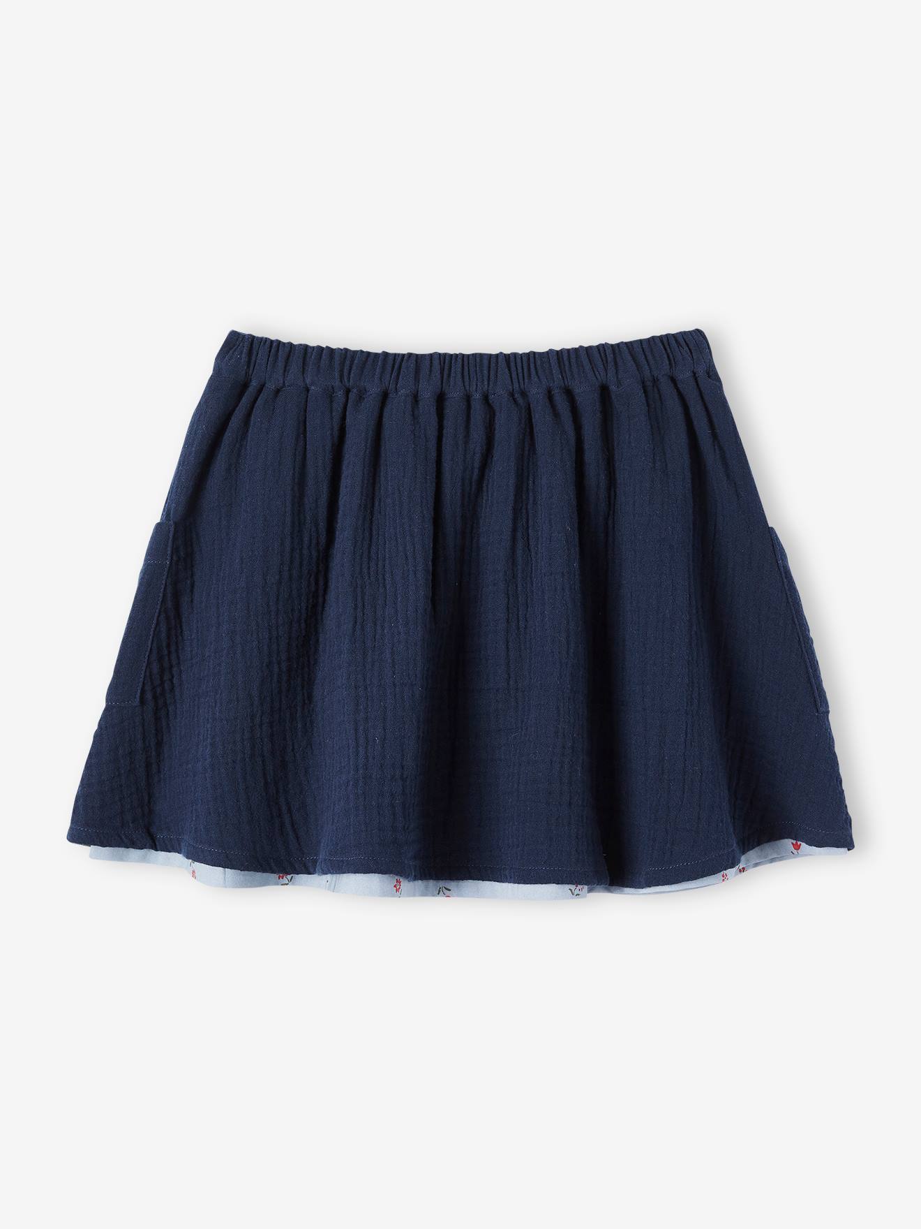 Jupe réversible fille en gaze de coton et imprimé fleurs bleu