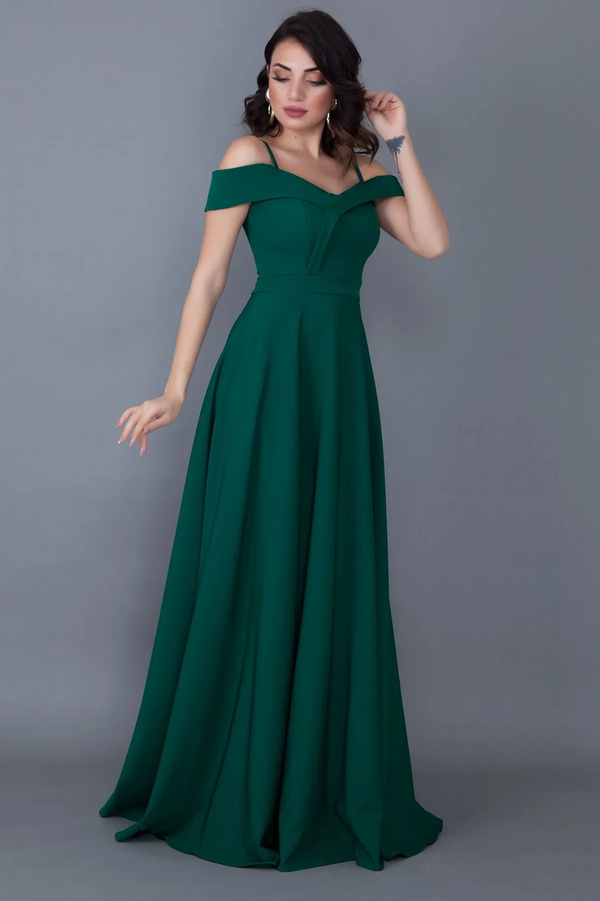 lovebox  Trägerloses, tiefes Schulter-, zweireihiges Maxi-Abendkleid in Smaragdgrün mit 342