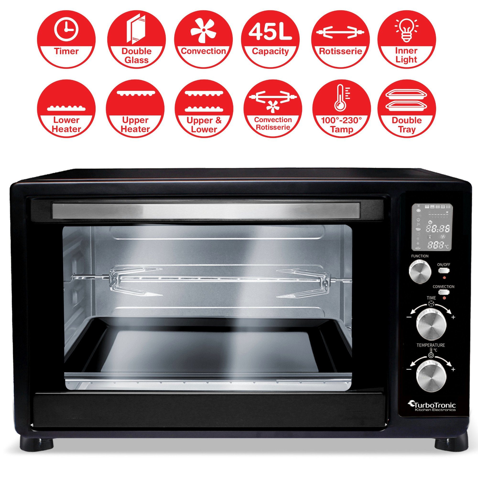 TurboTronic by Z-Line Minibackofen 45 L mit Umluft Drehspieß 2000W 2x Backblech Gitter Kompakt Elektro, Mini Tisch Backofen Camping Pizzaofen Digital