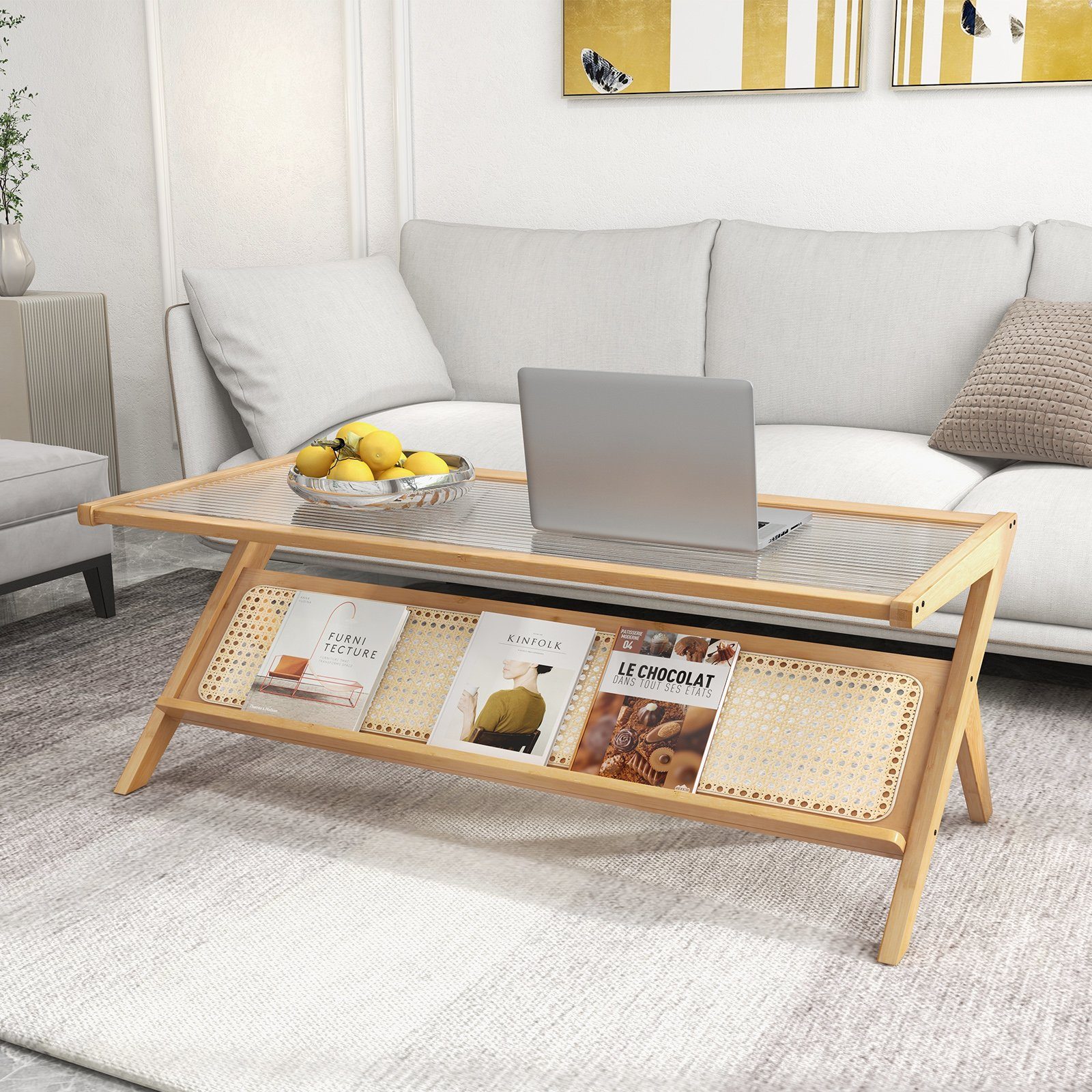 COSTWAY Couchtisch, mit Glastischplatte&Rattan-Ablagefach, Bambus, rechteckig