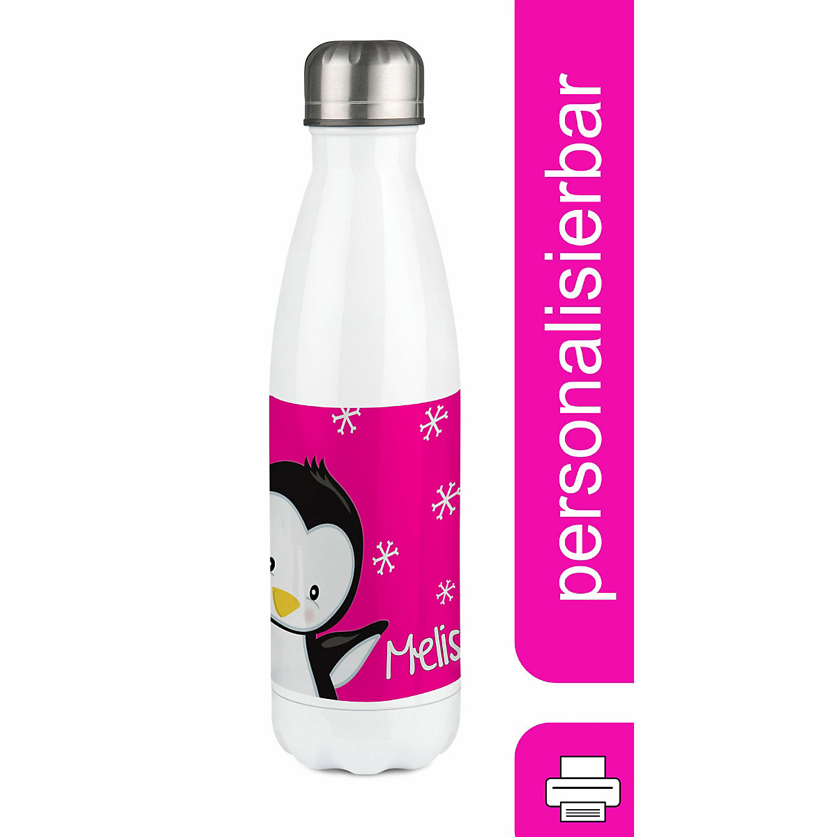 Edelstahl Kinder Thermoflasche / Trinkflasche bunt Pinguin Farbe pink Spülmaschinenfest, Auslaufsicher, Bruchfest, Doppelwandig, Für Heißgetränke geeignet, Mit Deckel, Isoliert