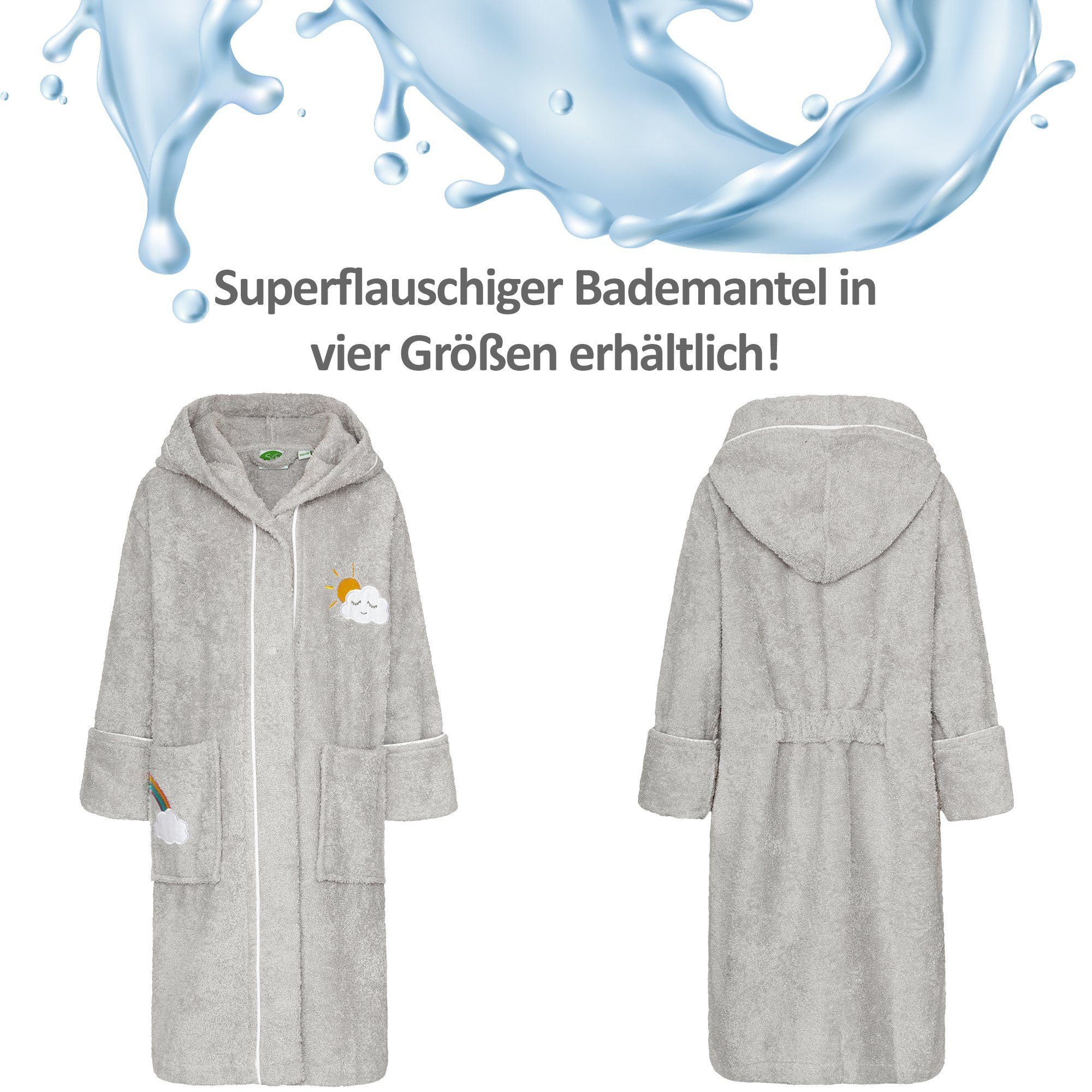 Smithy Kinderbademantel Regenbogen/Wolke, Frottee, Kapuze, Knöpfe, made in Europe