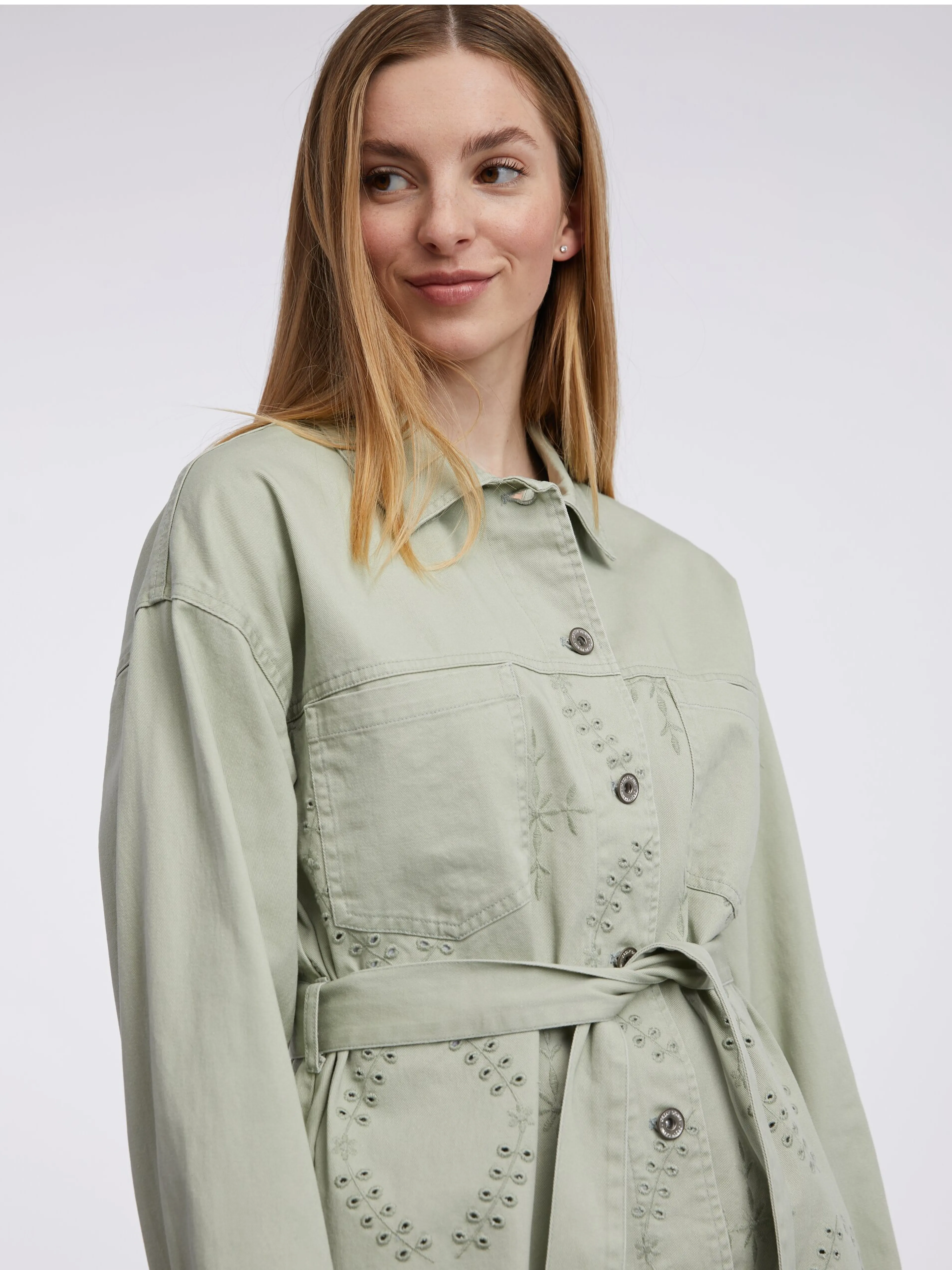 Hellgrüne gemusterte Damen-Jeansjacke ORSAY