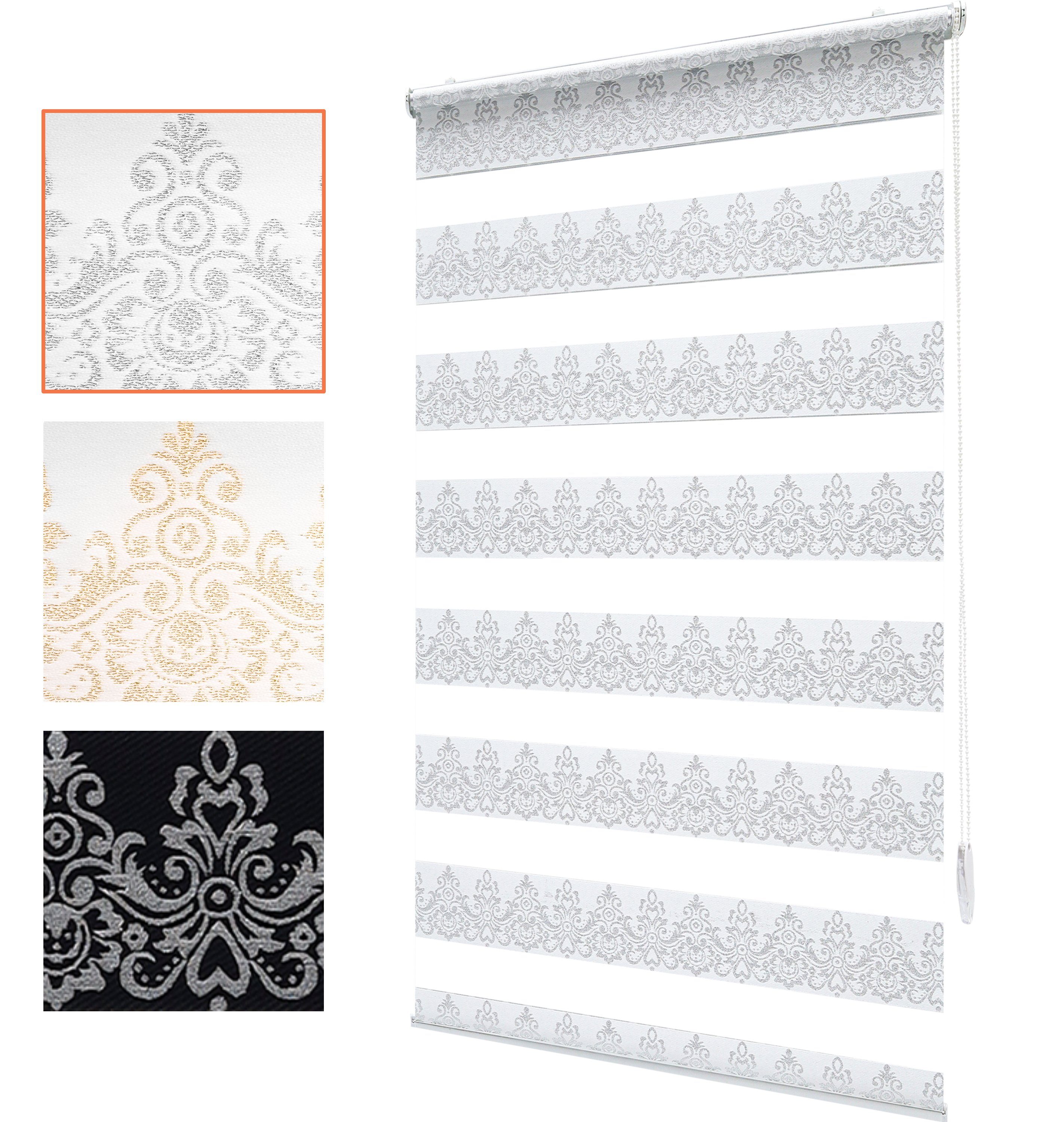 Doppelrollo mit Muster, Duo Rollo Klemmfix, Seitenzugrollo, Bailena, Lichtschutz, ohne Bohren, freihängend, Klemmfix, Barock Ornamente, gemustert, glitzernd