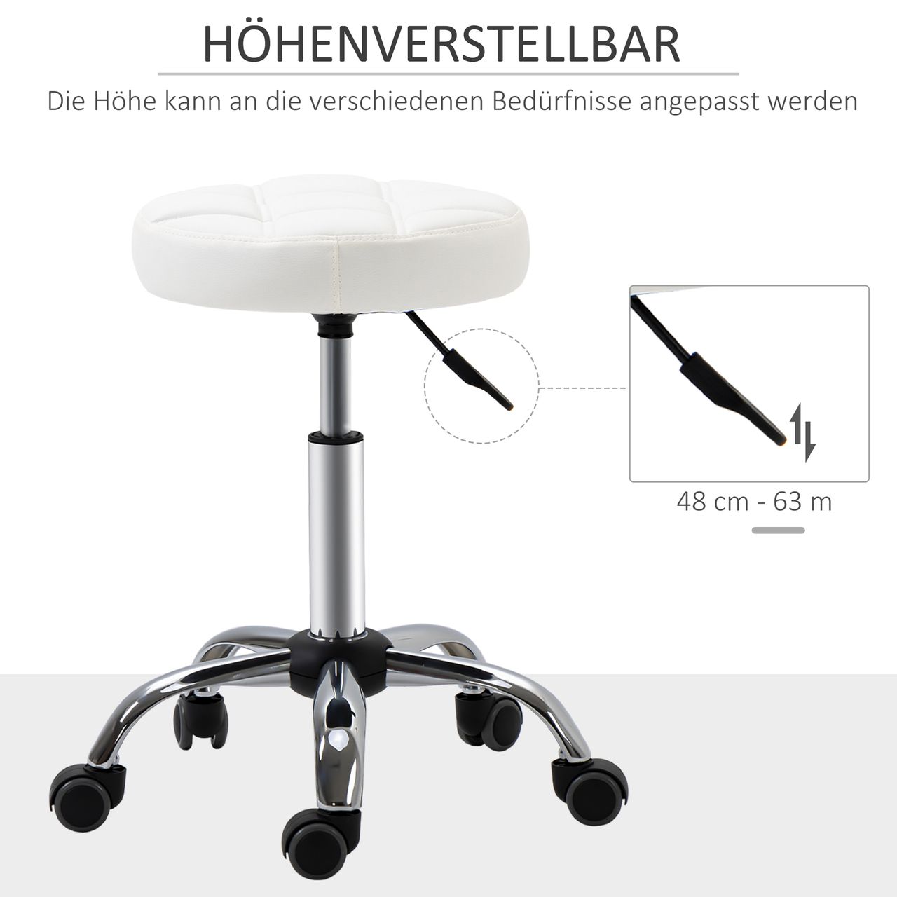 HOMCOM 2er-Set Rollhocker Drehhocker mit Rädern Arbeitshocker höhenverstellbar drehbar Salon Hocker Salonstühle Kunstleder Weiß Ø35,5 x 48-63H cm