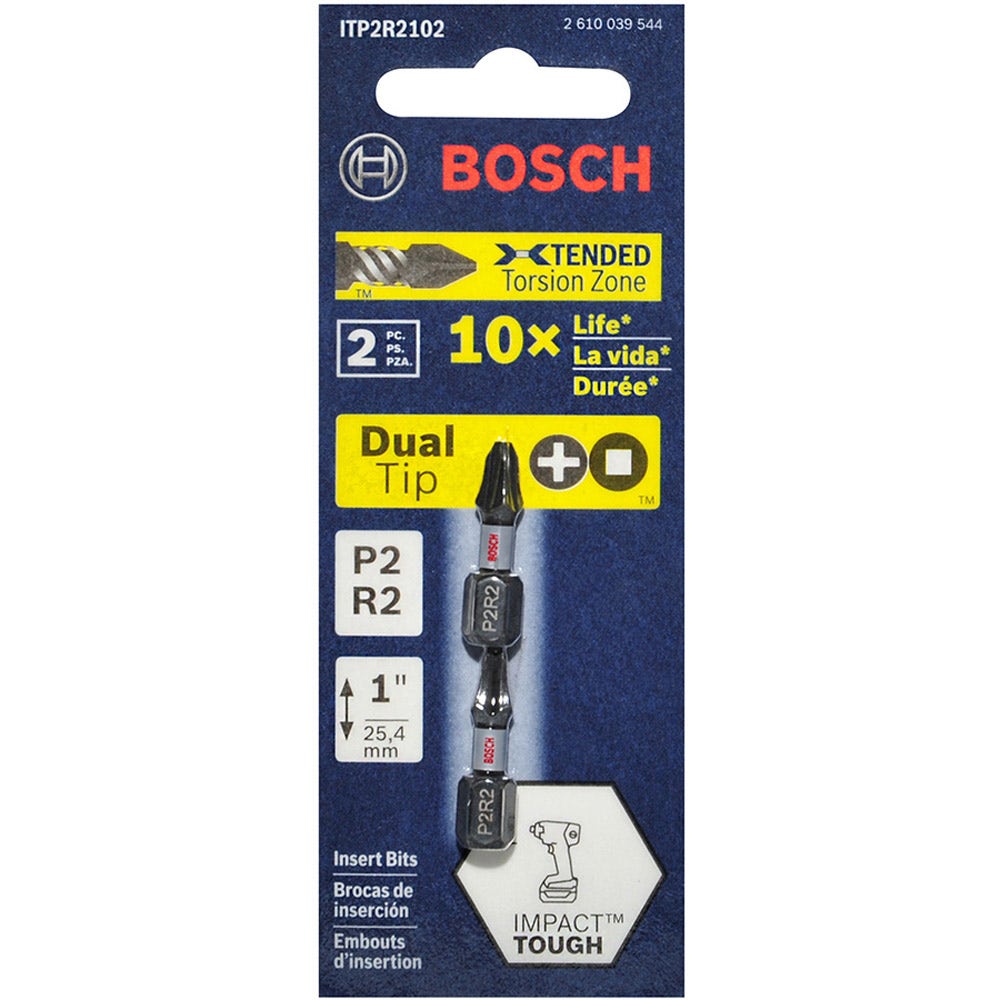 BOSCH P2R2 x 25mm Phillips/Robertson Insert Screwdriver Bit - IMPACT TOUGH - 2 Piece