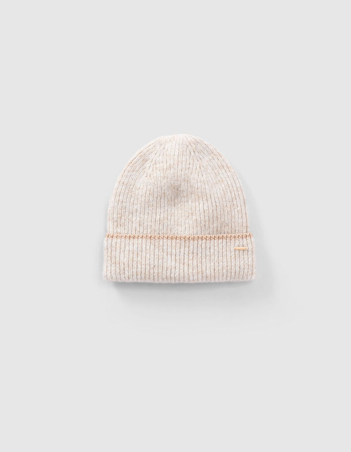 Bonnet beige clair tricot bord lurex fille