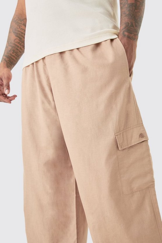 Plus Oversize Leinen-Cargohose mit elastischem Bund