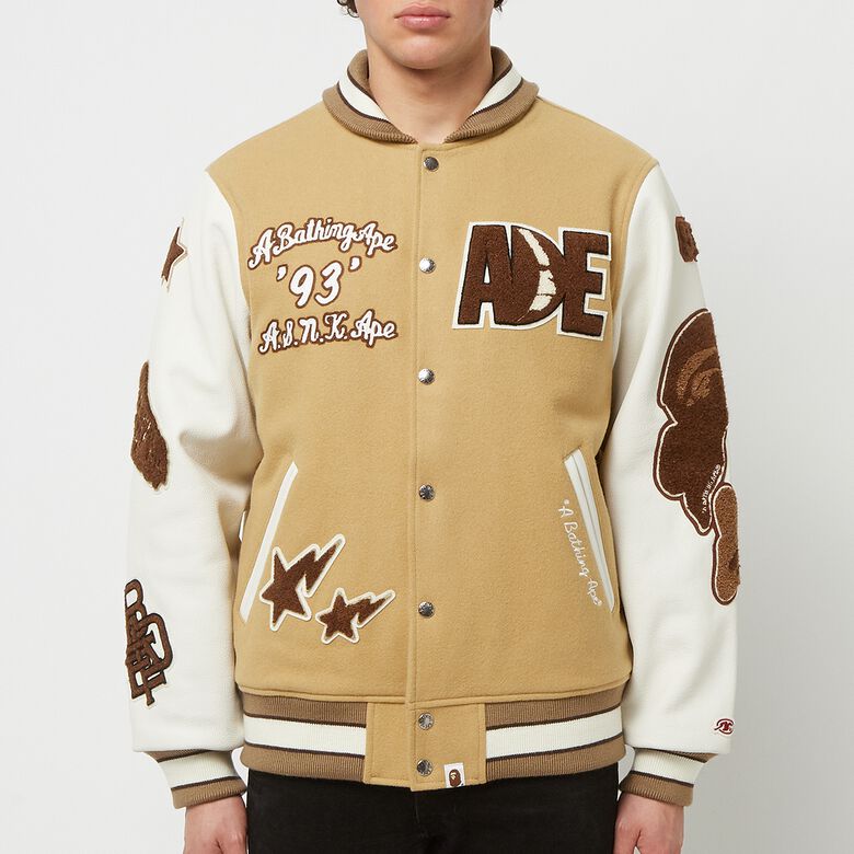 A Bathing Ape Multi Motif Varsity Jacket beige