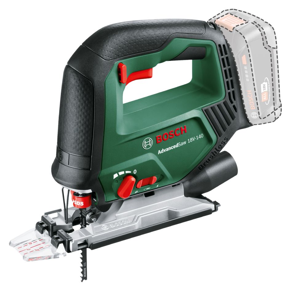 „Bosch Green 0603013002 AdvancedSaw 18V-140“ akumuliatorinis siaurapjūklis be akumuliatorių, įkroviklio ir dėklo