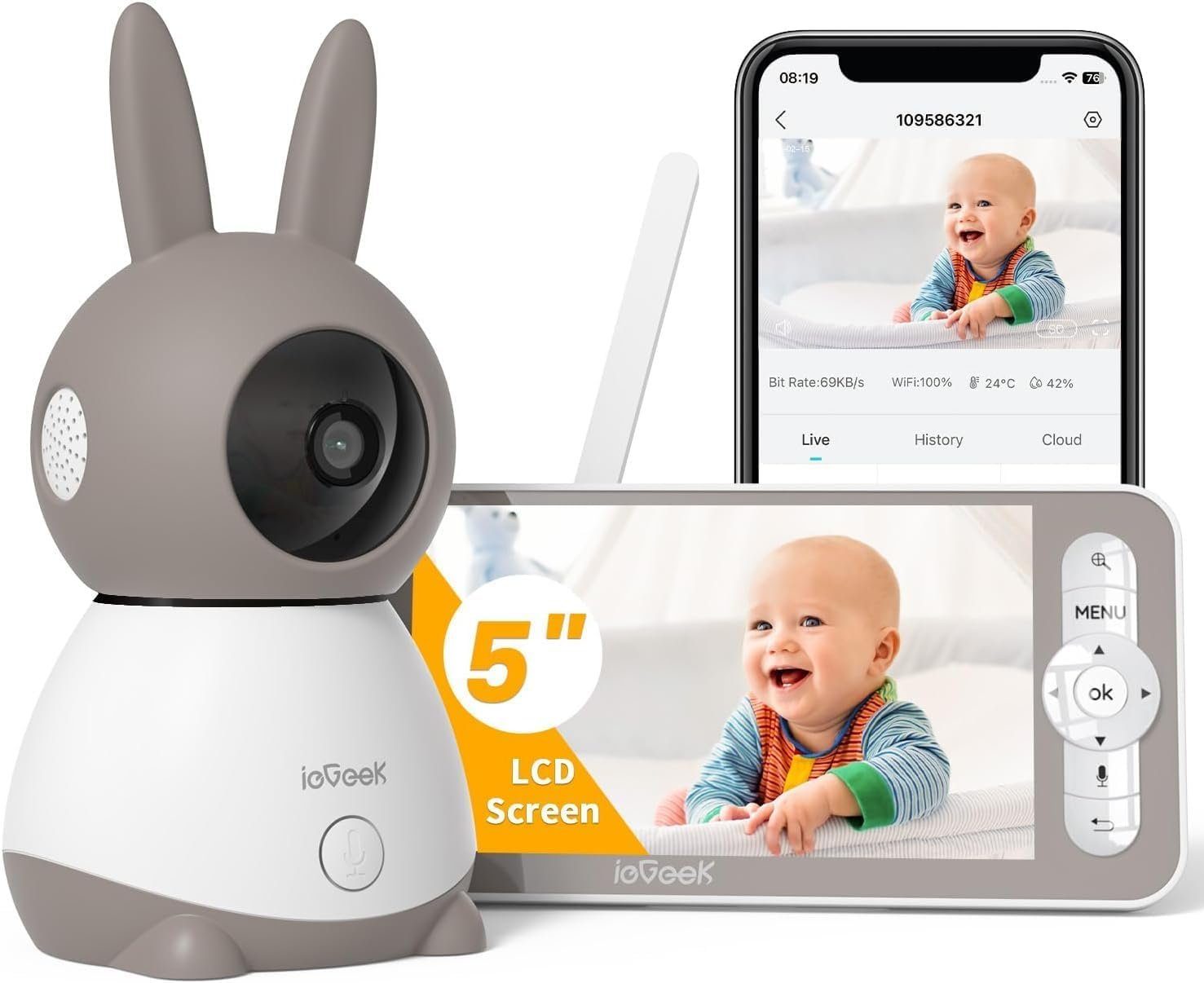 ieGeek Video-Babyphone Kinderkamera, Baby Kamera, Babyphone, Bewegungserkennung, Eco-Mode, Nachtsicht,300m Reichweite,Strahlungsarm, Audio-Überwachung, Mikrofon, Babykamera mit Monitor, Video Kamera, Halterung, Babyphone mit Kamera, Camera babys, Geg